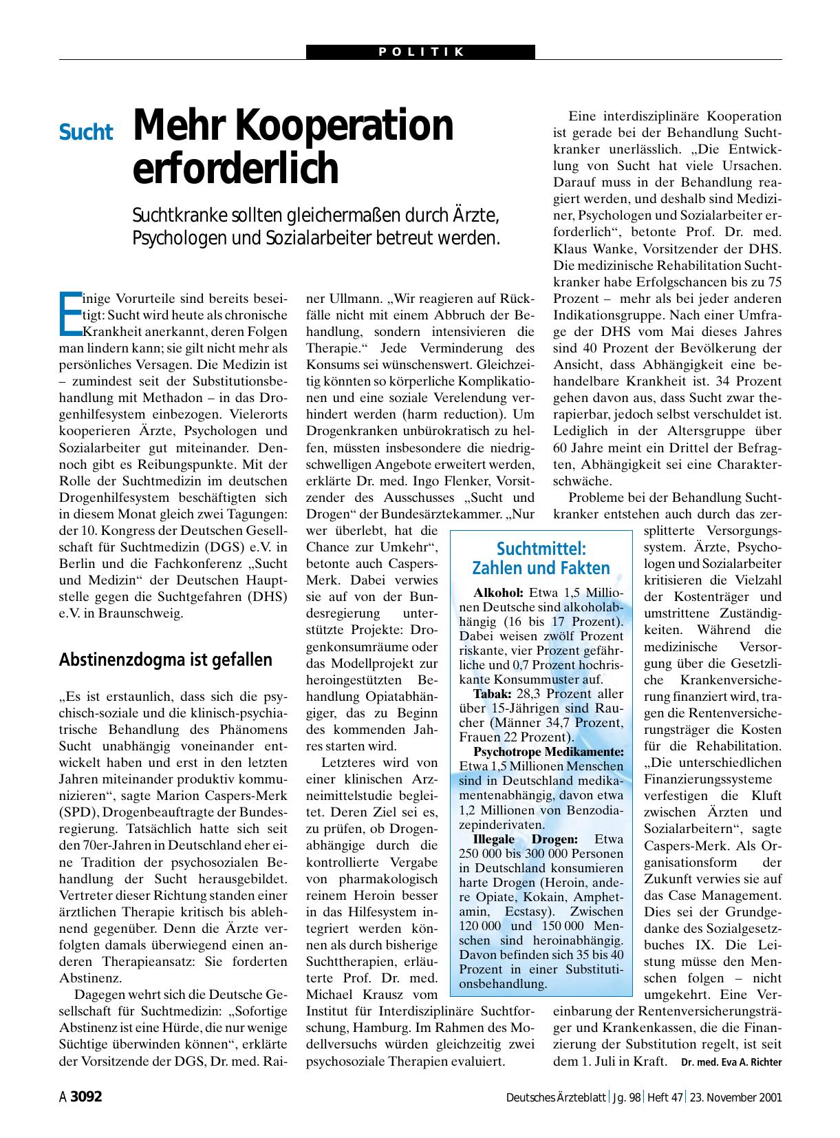 Vorschauseite 1: Sucht: Mehr Kooperation erforderlich