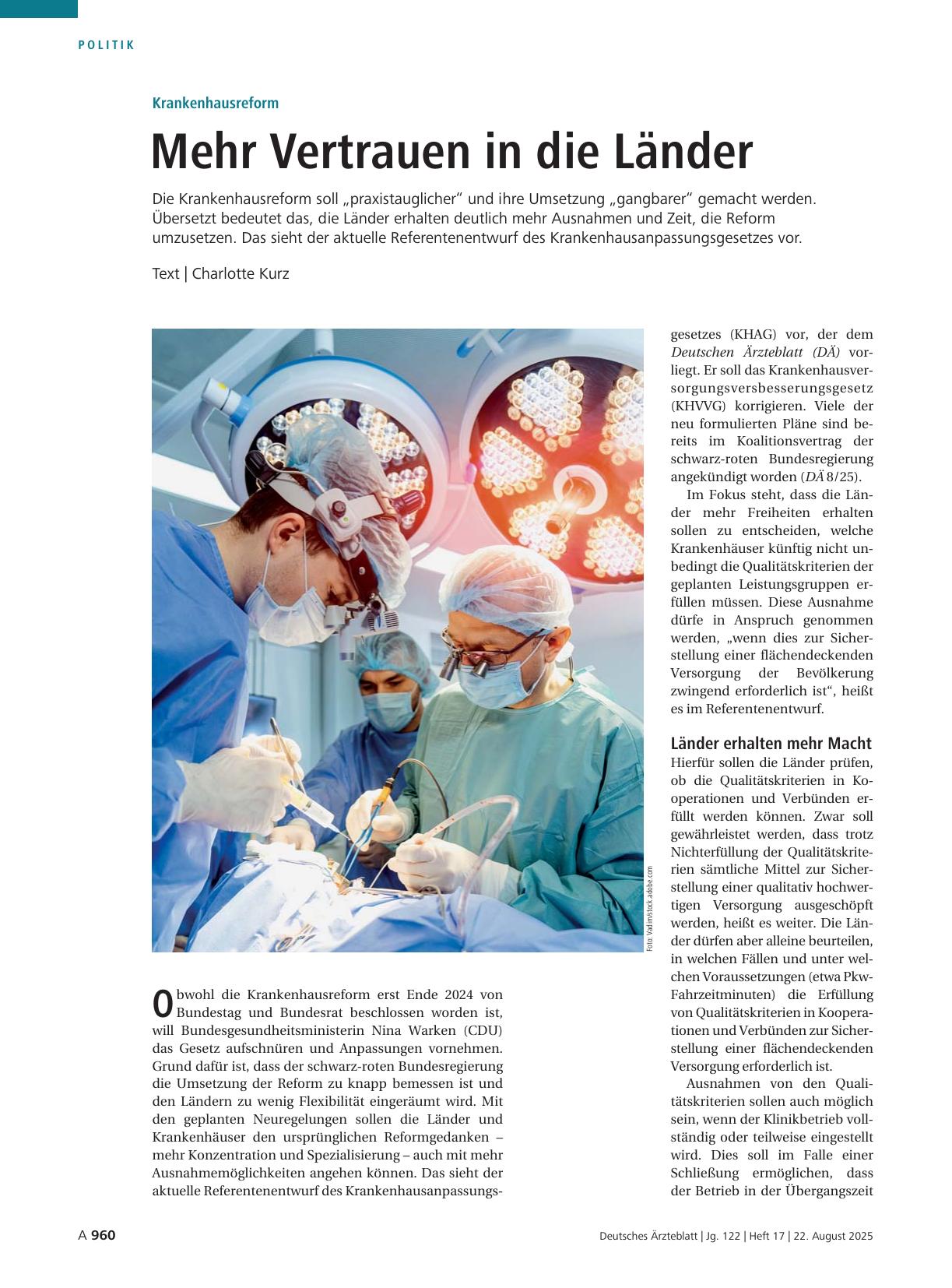 Vorschauseite 1: Krankenhausreform: Mehr Vertrauen in die Länder