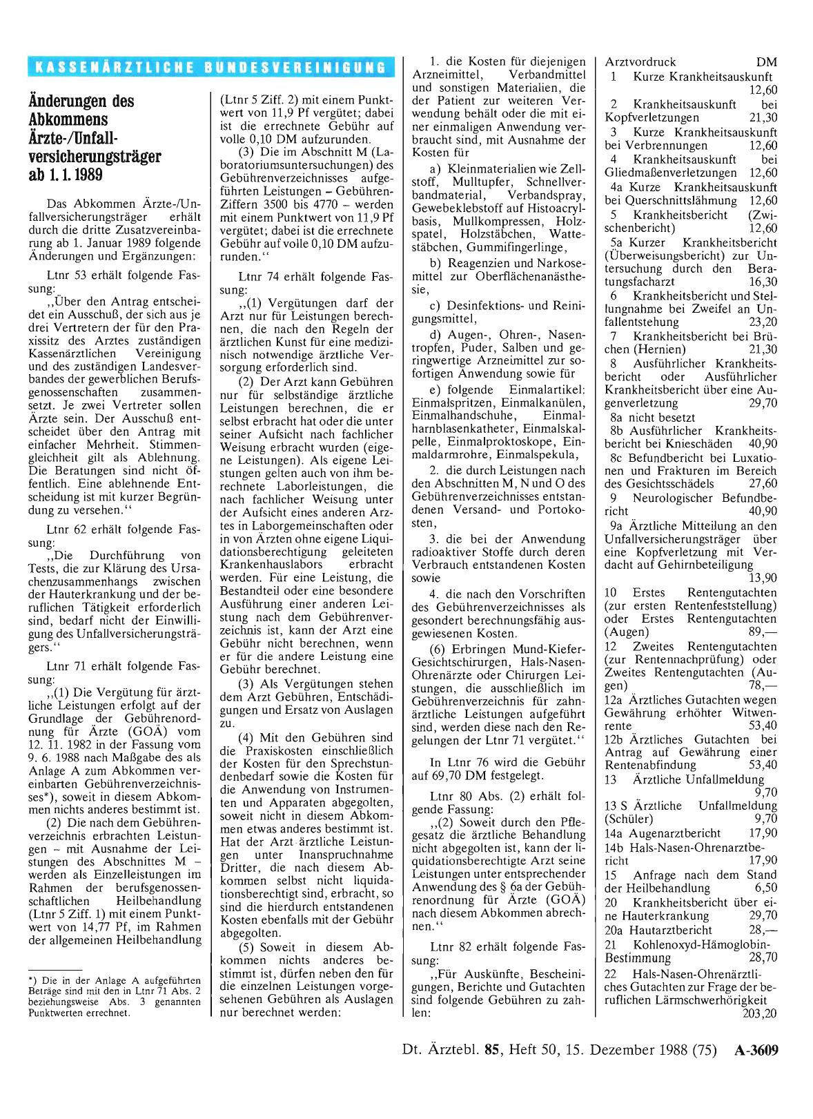 Vorschauseite 1: Änderungen des Abkommens Ärzte-/Unfallversicherungsträger ab 1. 1. 1989