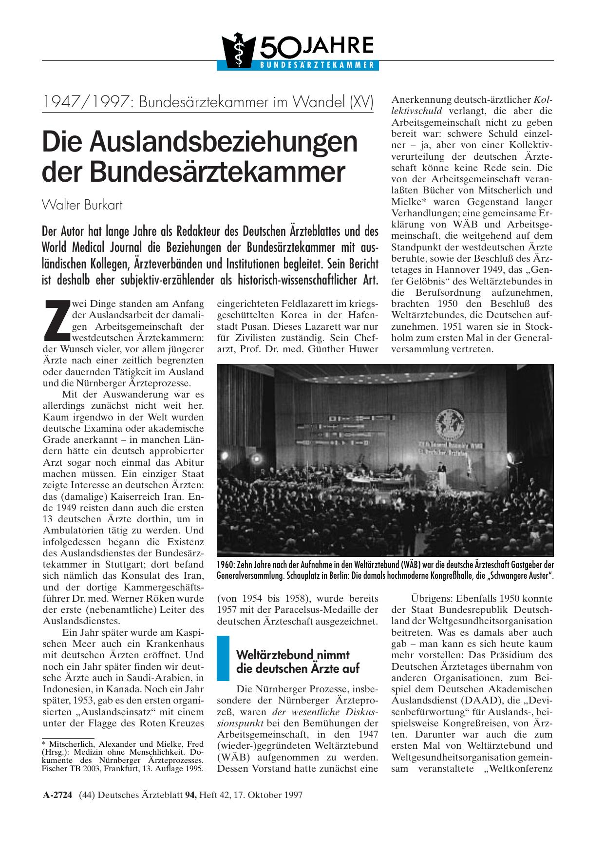 Vorschauseite 1: 1947/1997 – Bundesärztekammer im Wandel (XV): Die Auslandsbeziehungen der Bundesärztekammer