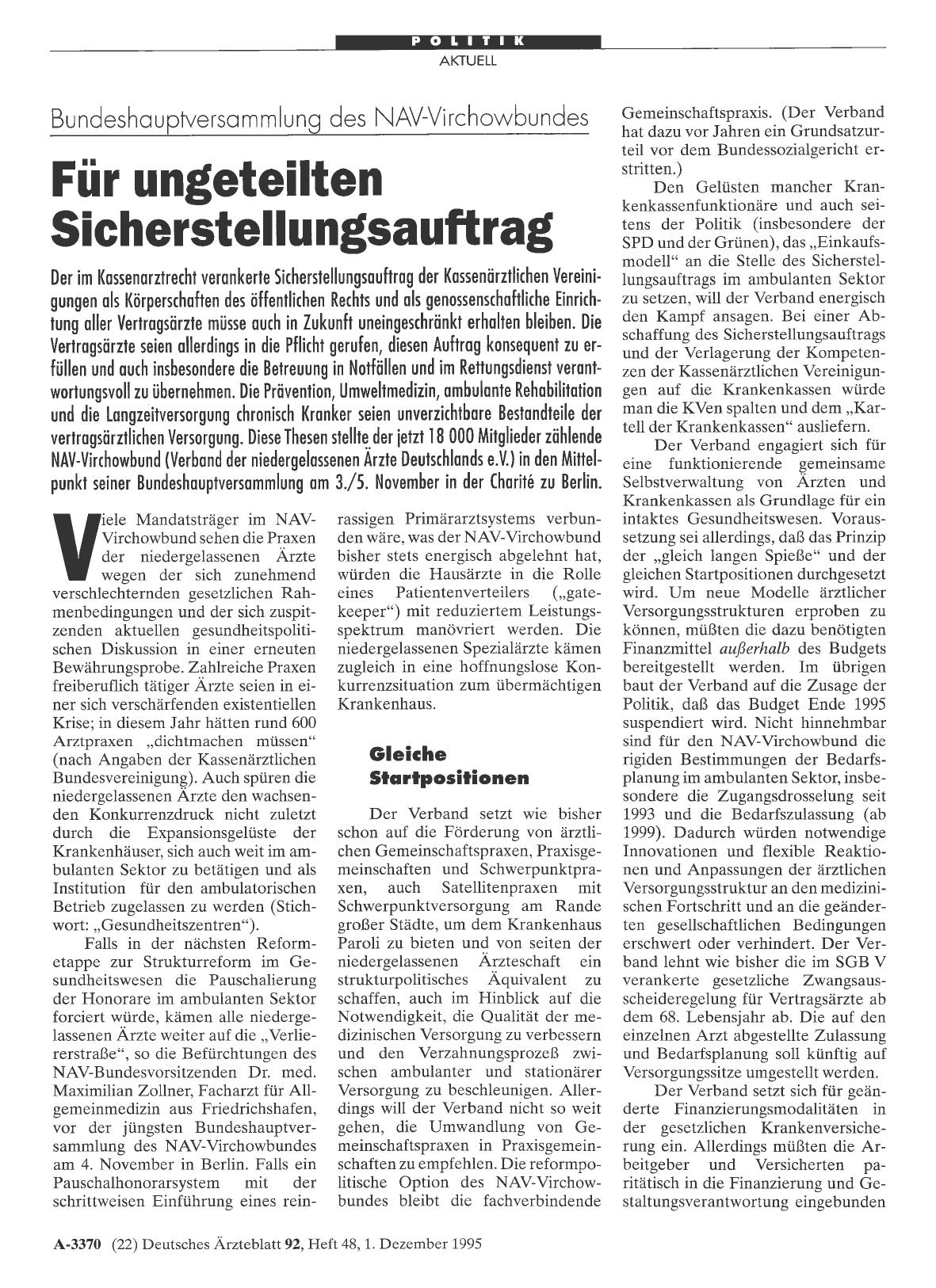 Vorschauseite 1: Bundeshauptversammlung des NAV-Virchowbundes: Für ungeteilten Sicherstellungsauftrag