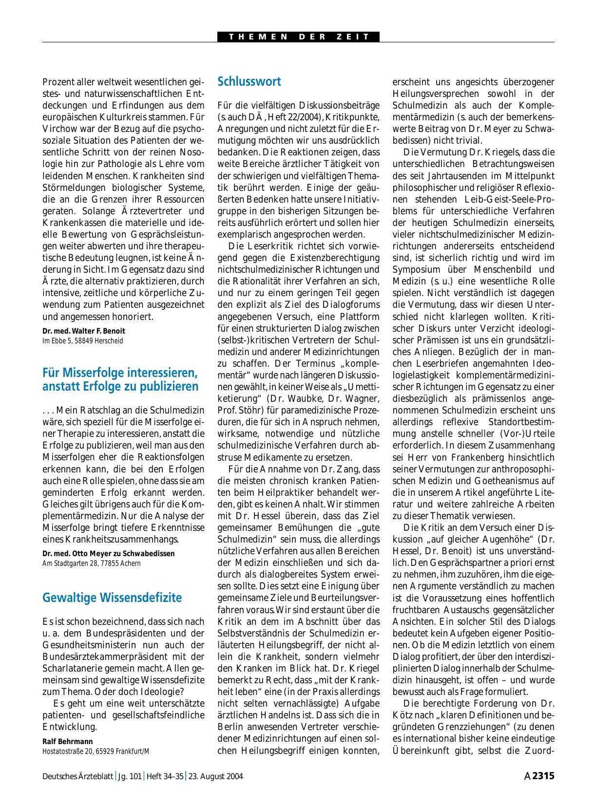 Vorschauseite 1: Schulmedizin und Komplementärmedizin – Verständnis und Zusammenarbeit müssen vertieft werden: Schlusswort