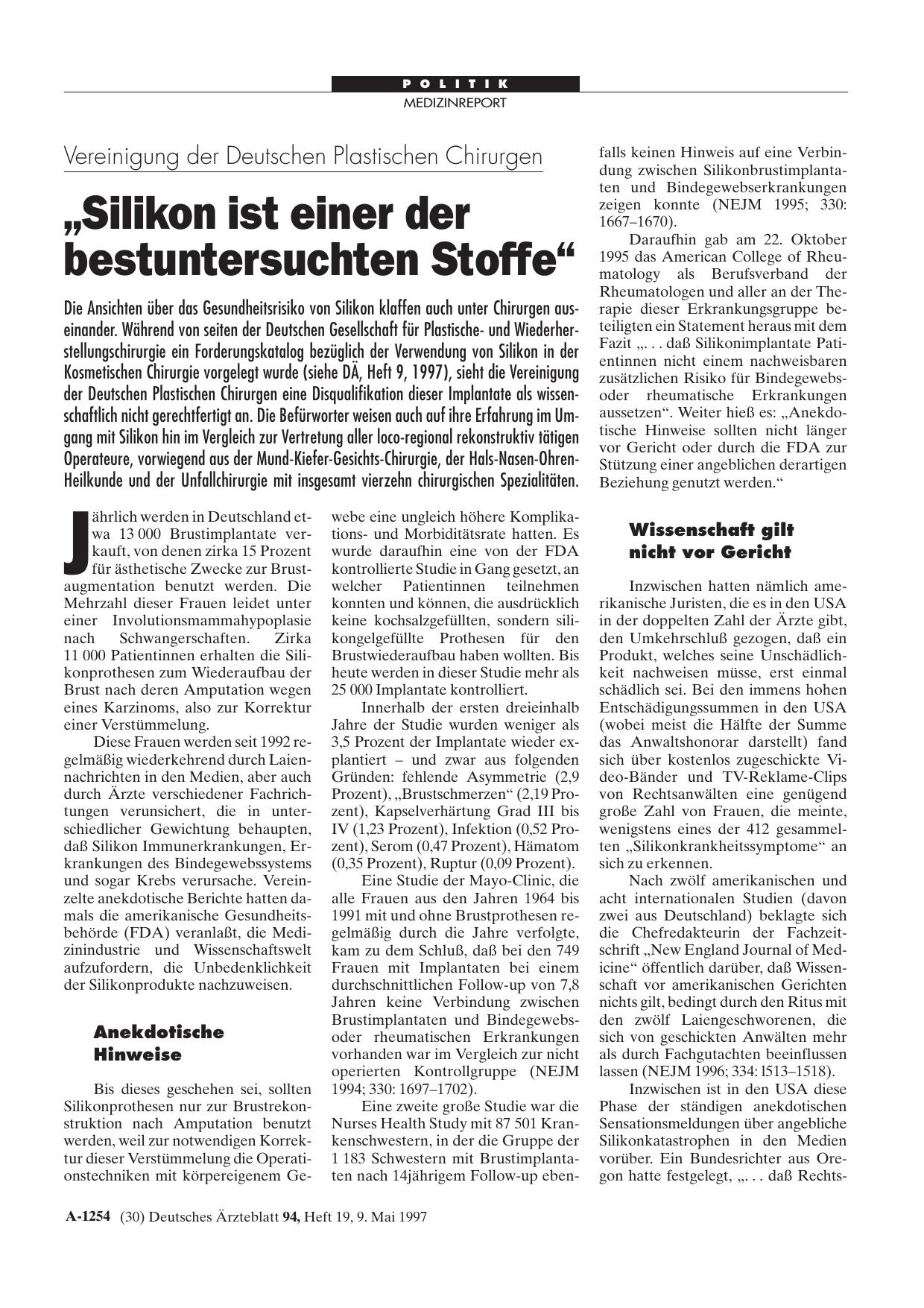 Vorschauseite 1: Vereinigung der Deutschen Plastischen Chirurgen: „Silikon ist einer der bestuntersuchten Stoffe“