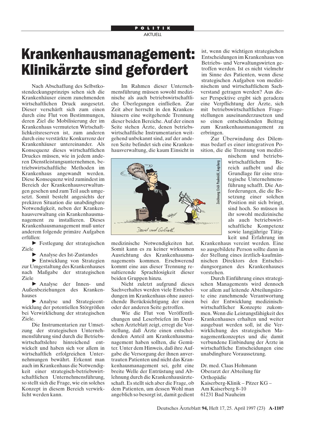 Vorschauseite 1: Krankenhausmanagement: Klinikärzte sind gefordert