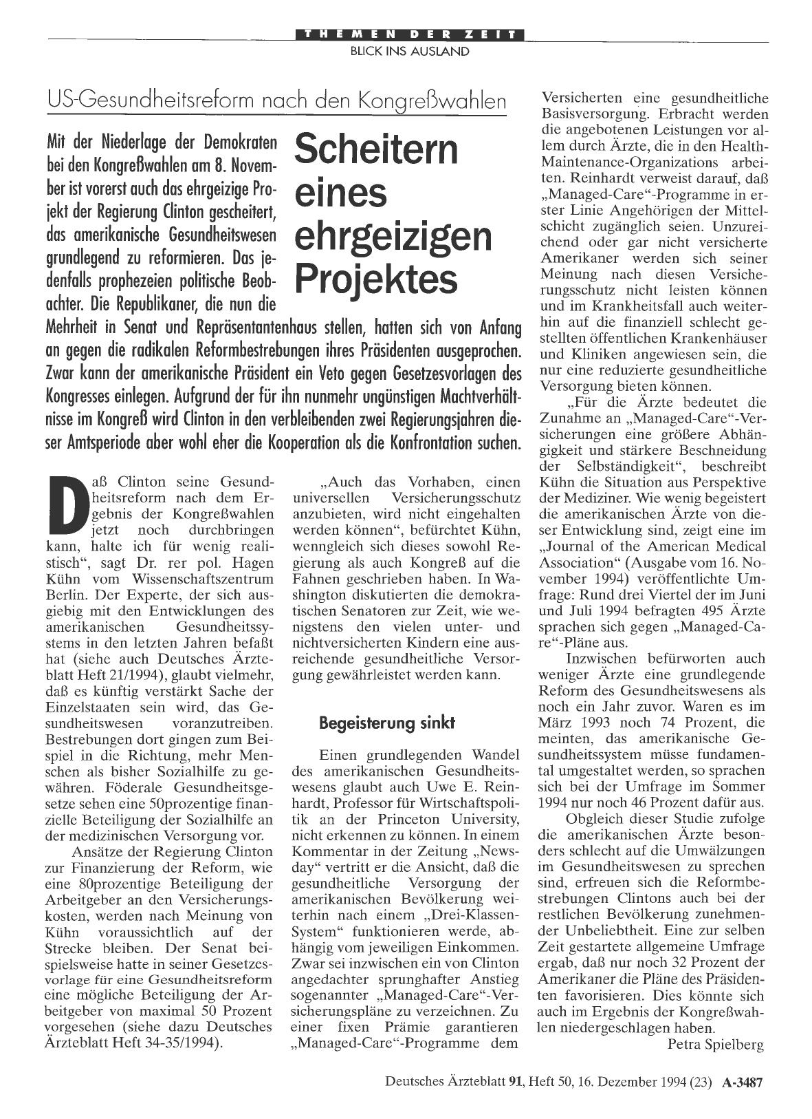 Vorschauseite 1: US-Gesundheitsreform nach den Kongreßwahlen: Scheitern eines ehrgeizigen Projektes