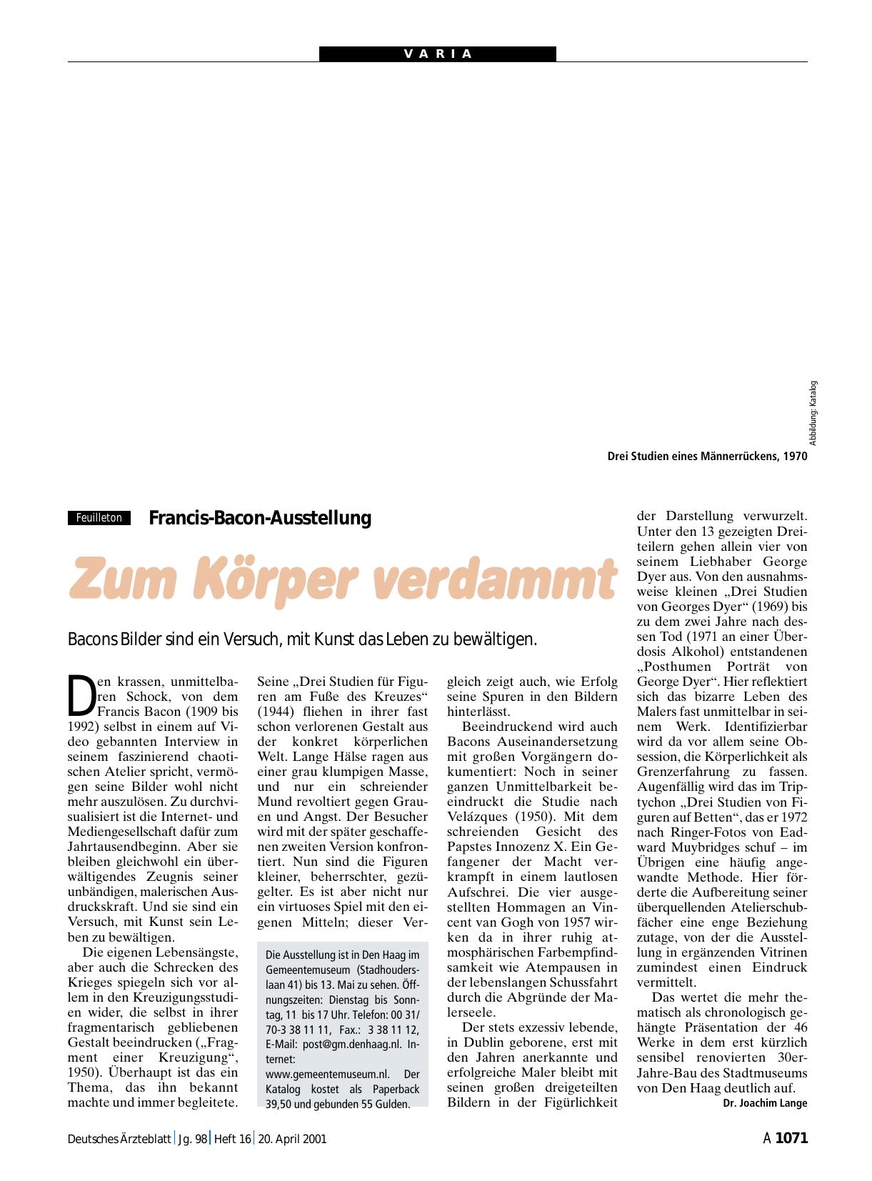 Vorschauseite 1: Francis-Bacon-Ausstellung: Zum Körper verdammt