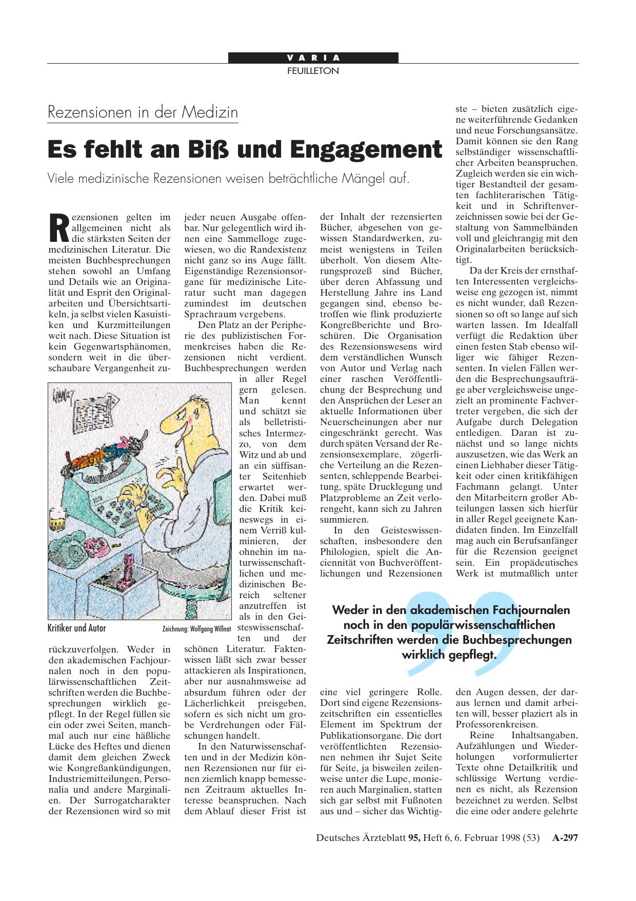 Vorschauseite 1: Rezensionen in der Medizin: Es fehlt an Biß und Engagement