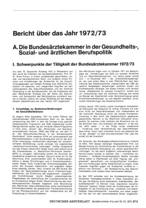 Vorschauseite 1: Bericht über das Jahr 1972/73: A. Die Bundesärztekammer in der Gesundheits-, Sozialund ärztlichen Berufspolitik: 1. Schwerpunkte der Tätigkeit der Bundesärztekammer 1972/73