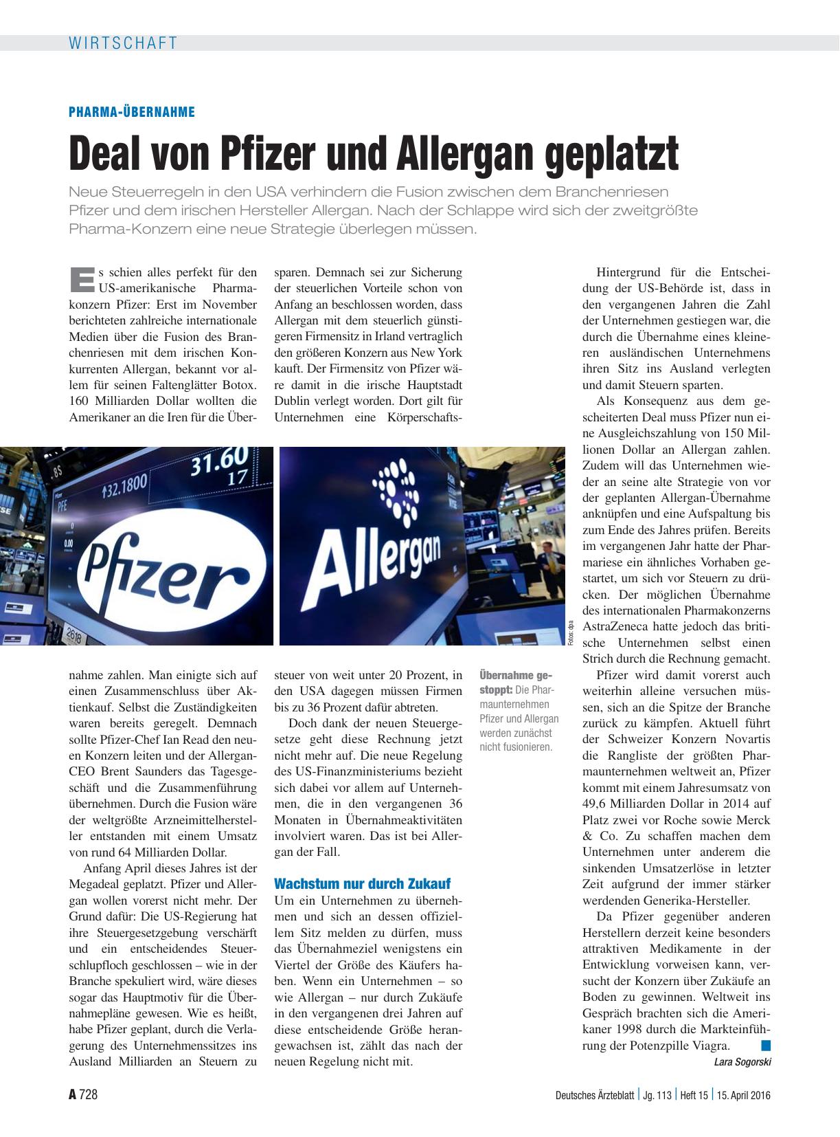 Vorschauseite 1: Pharma-Übernahme: Deal von Pfizer und Allergan geplatzt