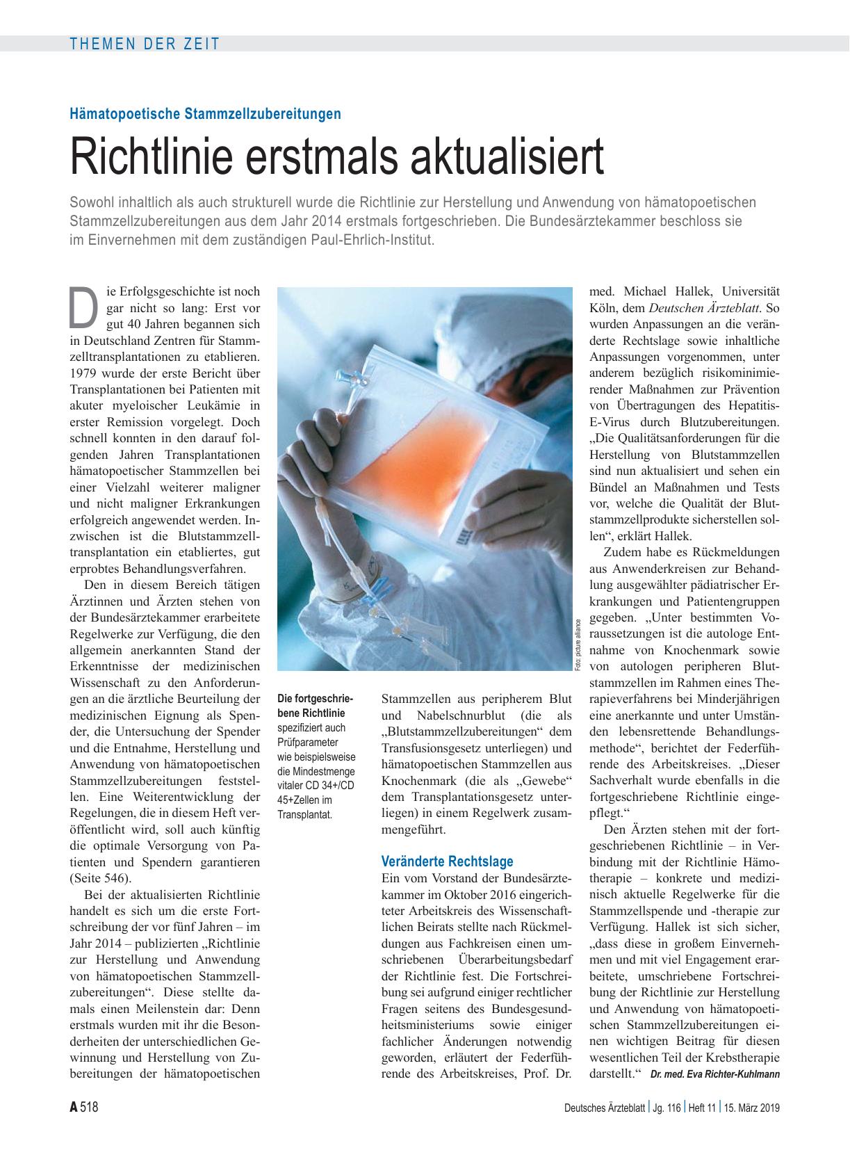 Vorschauseite 1: Hämatopoetische Stammzellzubereitungen: Richtlinie erstmals aktualisiert