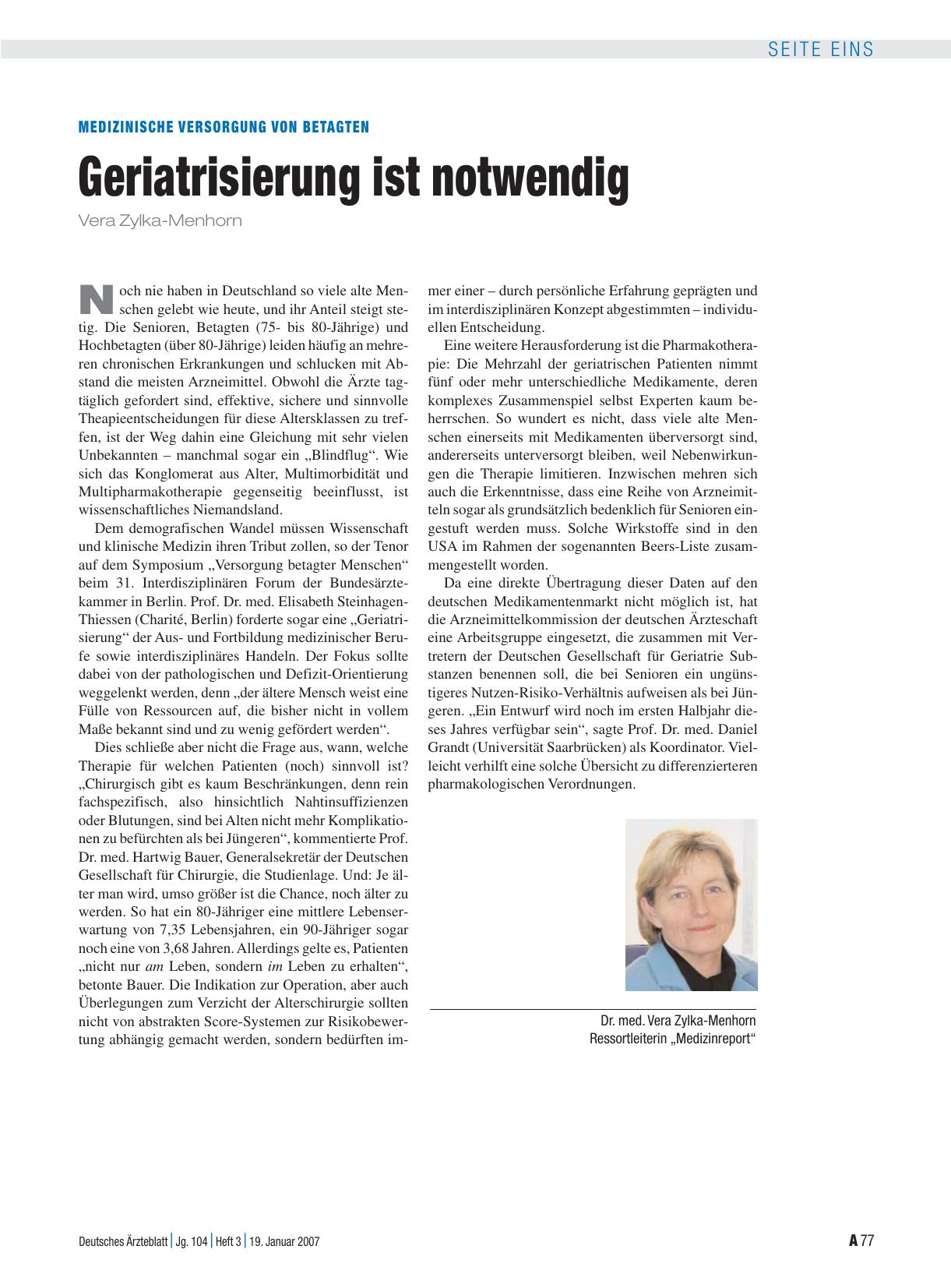 Vorschauseite 1: Medizinische Versorgung von Betagten: Geriatrisierung ist notwendig