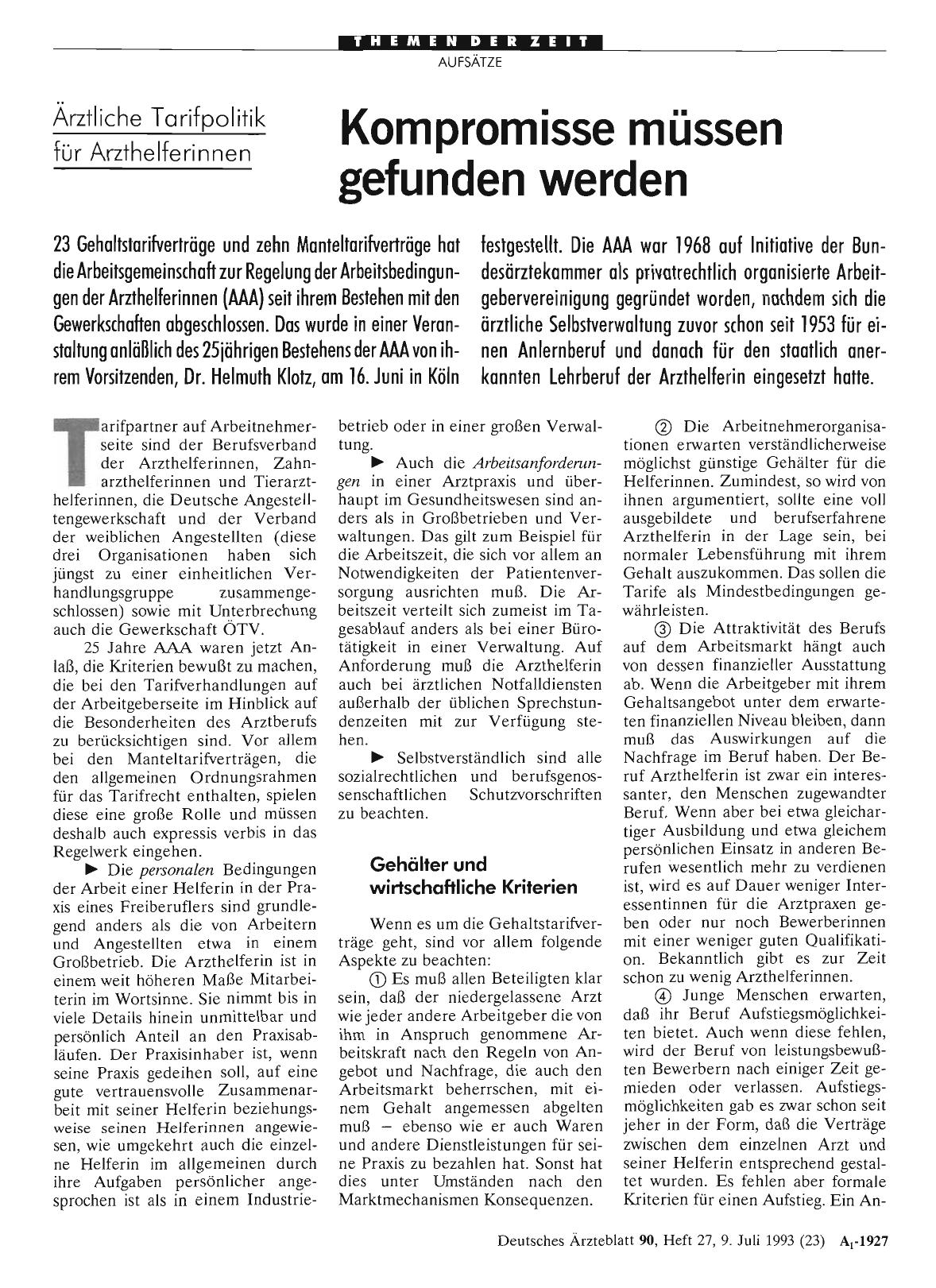 Vorschauseite 1: Ärztliche Tarifpolitik für Arzthelferinnen: Kompromisse müssen gefunden werden