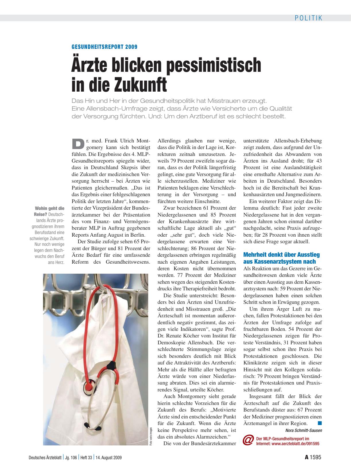 Vorschauseite 1: Gesundheitsreport 2009: Ärzte blicken pessimistisch in die Zukunft