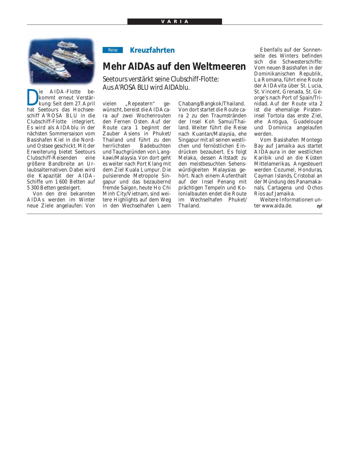 Vorschauseite 1: Kreuzfahrten: Mehr AIDAs auf den Weltmeeren