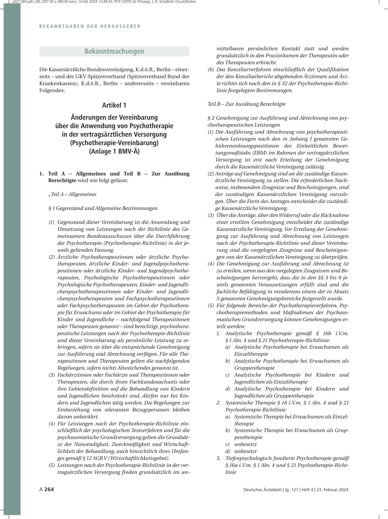 Vorschauseite 1: Änderungen der Vereinbarung über die Anwendung von Psychotherapie in der vertragsärztlichen Versorgung (Psychotherapie-Vereinbarung) (Anlage 1 BMV-Ä)