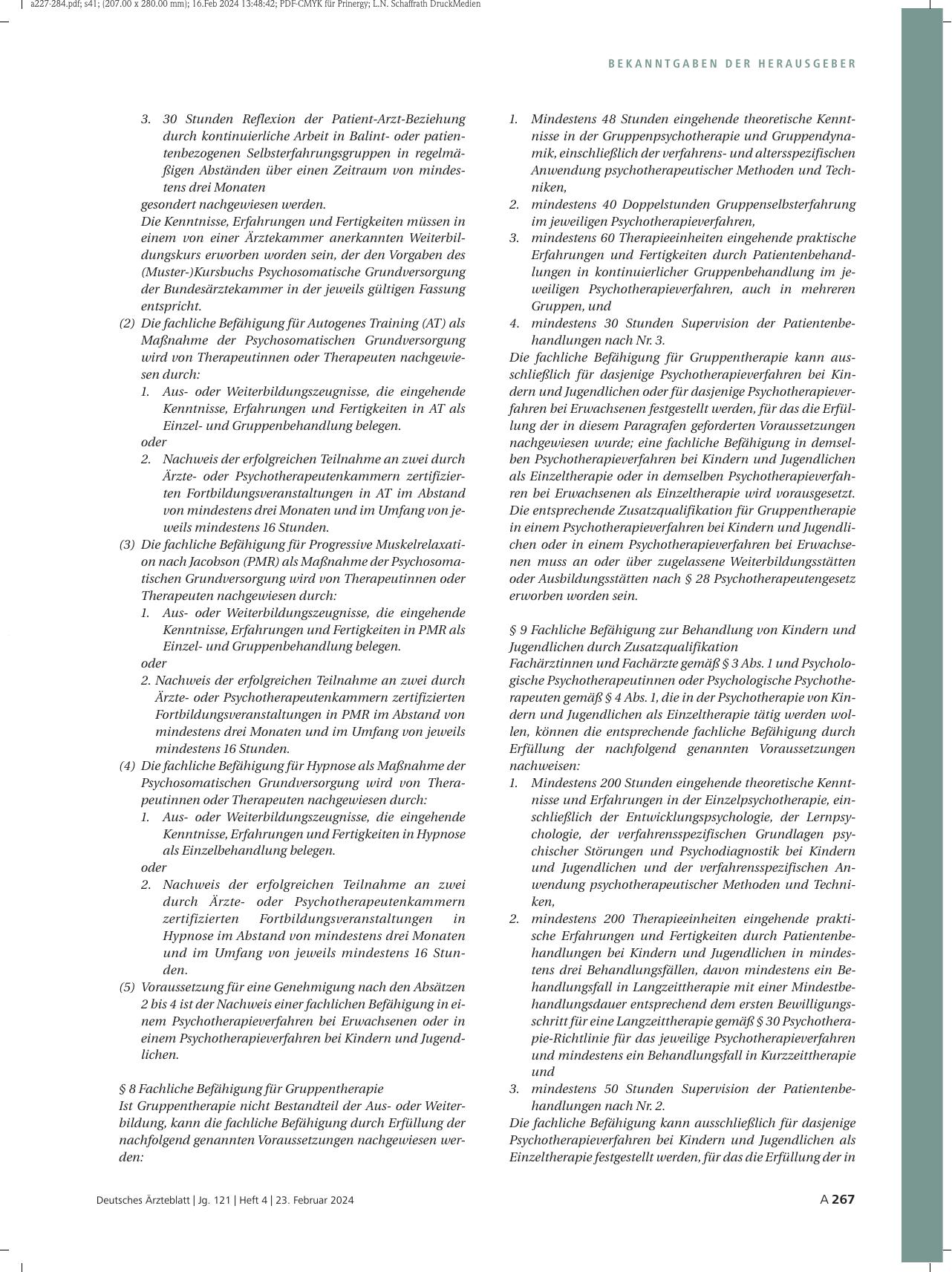 Vorschauseite 4: Änderungen der Vereinbarung über die Anwendung von Psychotherapie in der vertragsärztlichen Versorgung (Psychotherapie-Vereinbarung) (Anlage 1 BMV-Ä)