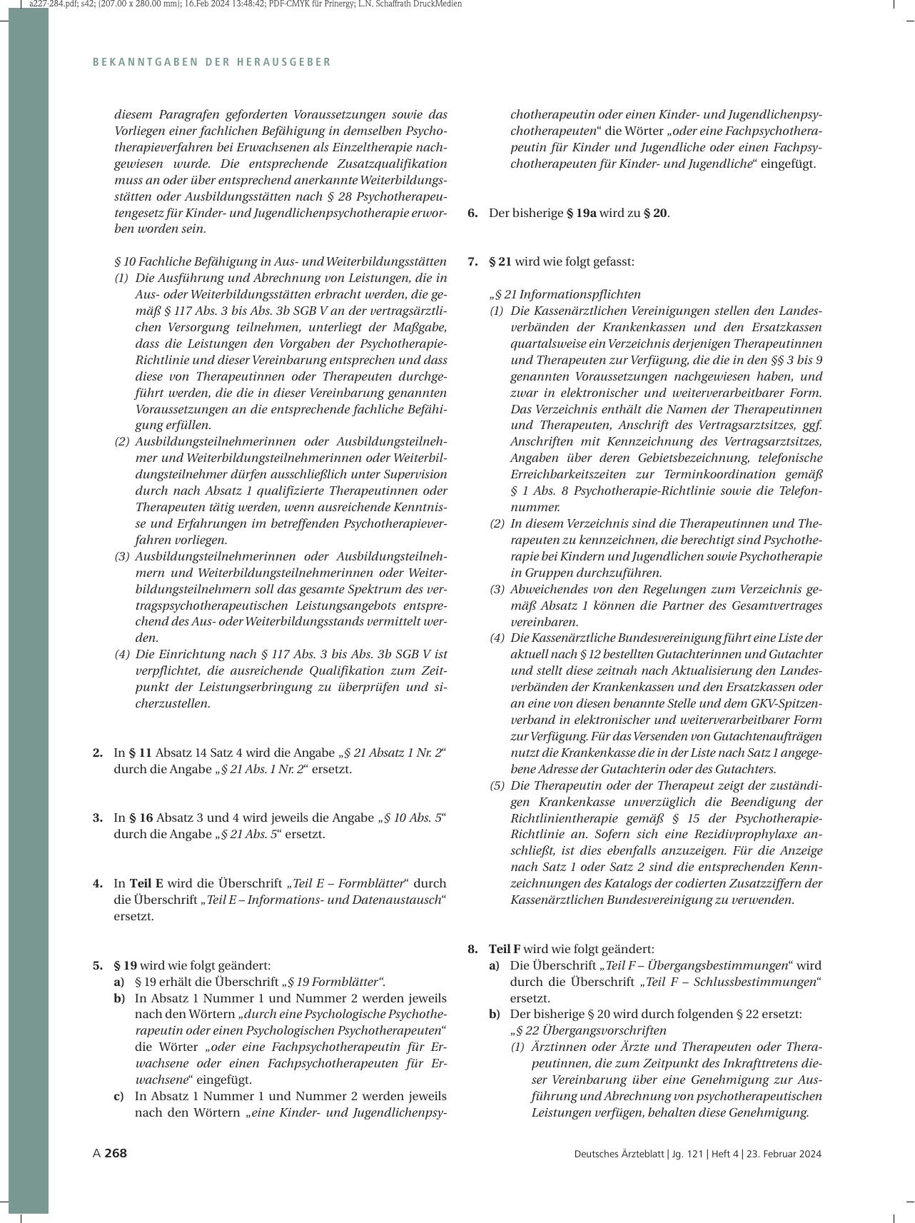 Vorschauseite 5: Änderungen der Vereinbarung über die Anwendung von Psychotherapie in der vertragsärztlichen Versorgung (Psychotherapie-Vereinbarung) (Anlage 1 BMV-Ä)