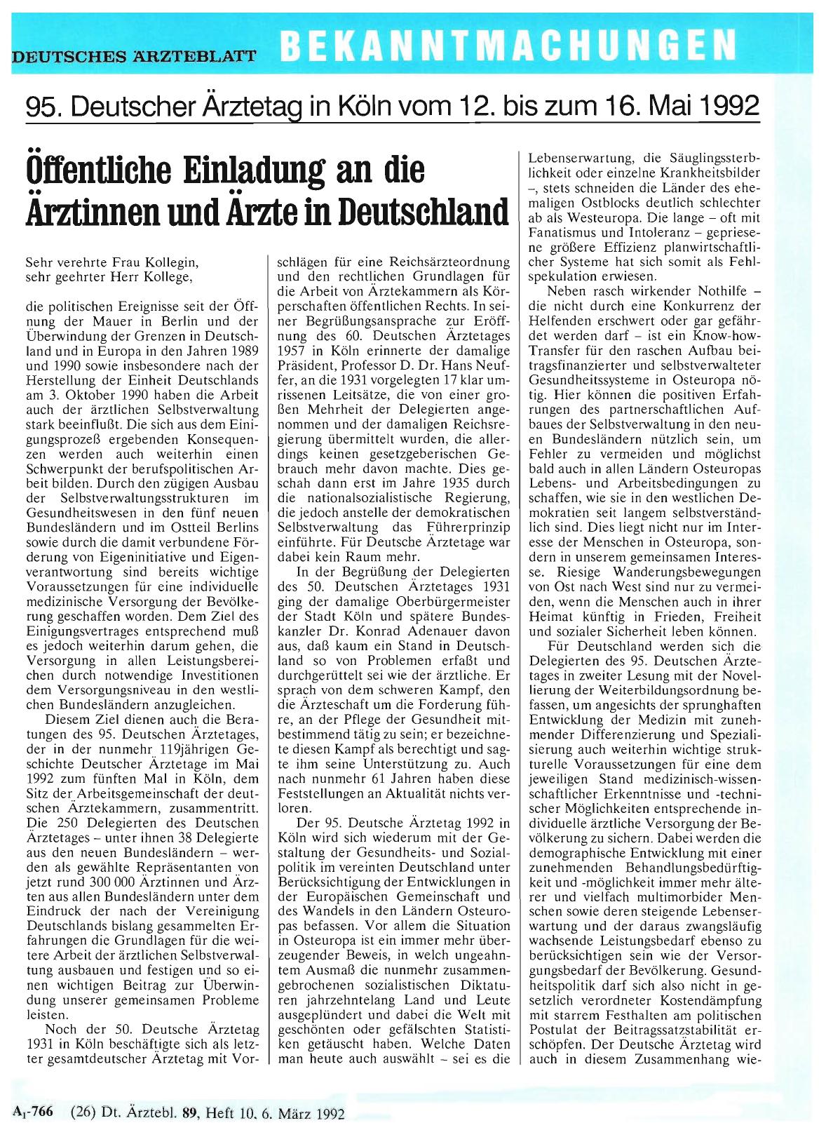 Vorschauseite 1: 95. Deutscher Ärztetag in Köln vom 12. bis zum 16. Mai 1992: Öffentliche Einladung an die Ärztinnen und Ärzte in Deutschland
