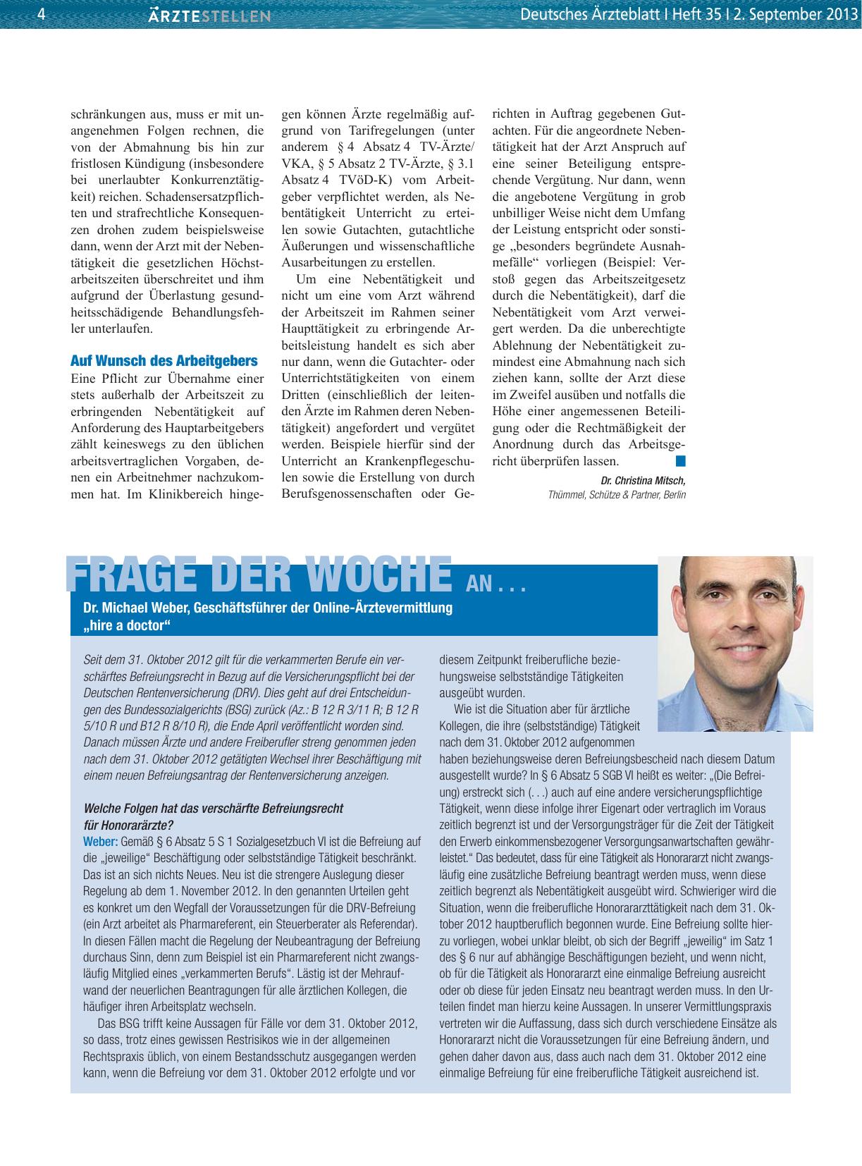 Vorschauseite 1: Frage der Woche an. .. Dr. Michael Weber, Geschäftsführer der Online-Ärztevermittlung „hire a doctor“