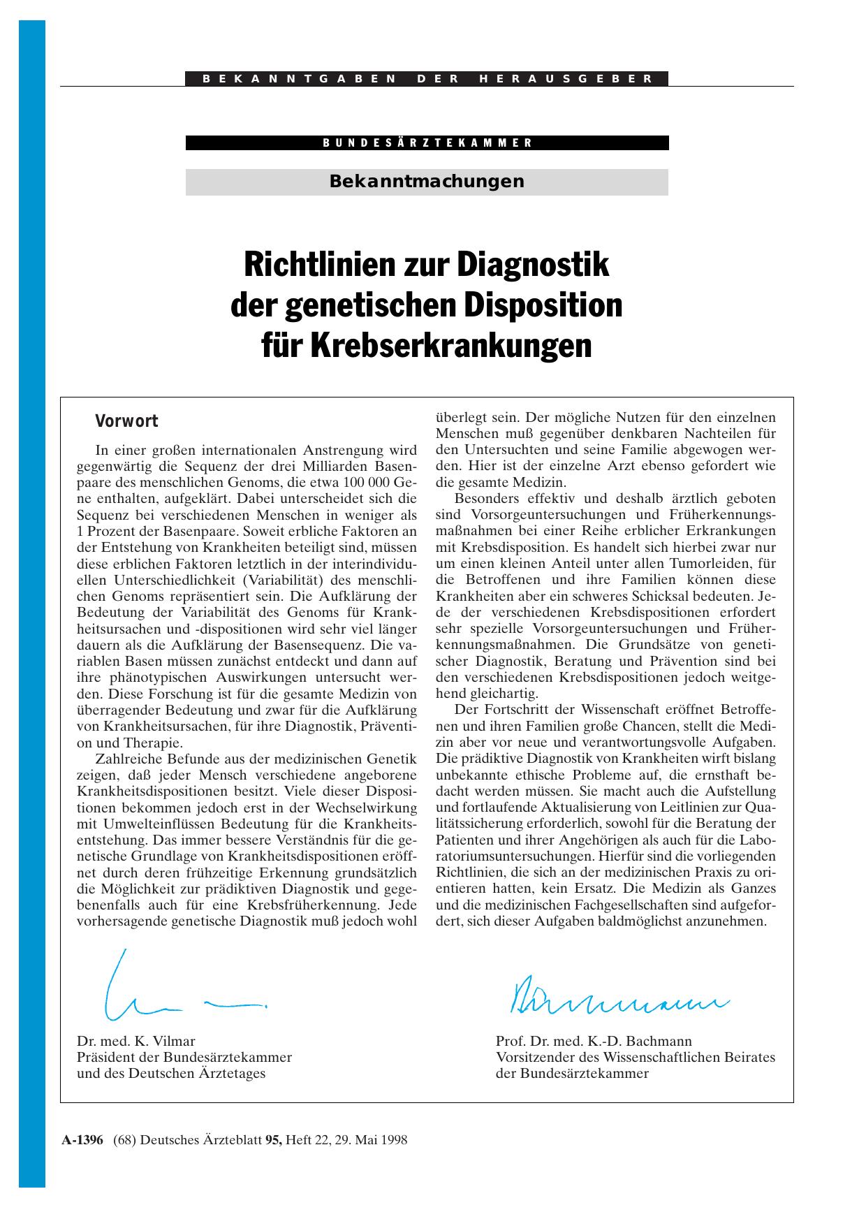 Vorschauseite 1: Richtlinien zur Diagnostik der genetischen Disposition für Krebserkrankungen
