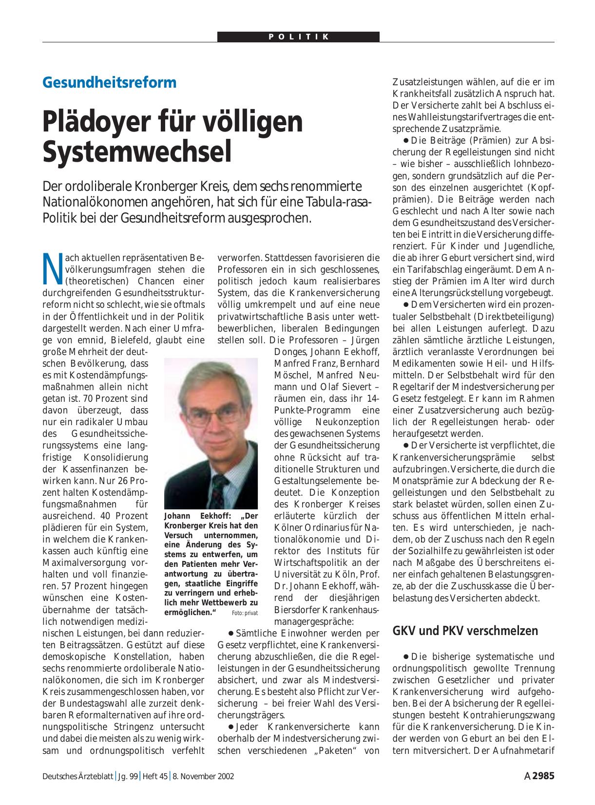Vorschauseite 1: Gesundheitsreform: Plädoyer für völligen Systemwechsel