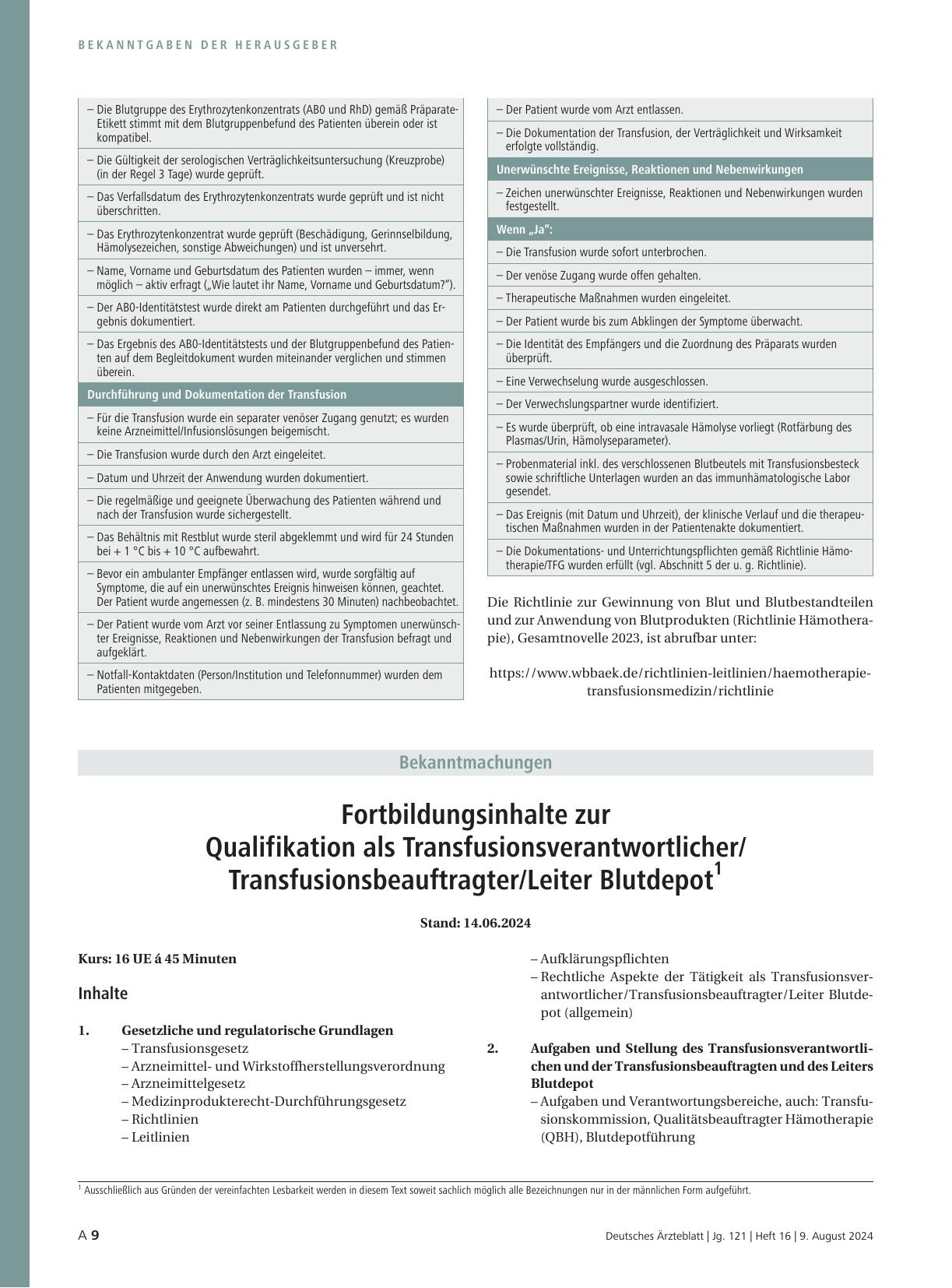 Vorschauseite 1: Fortbildungsinhalte zur Qualifikation als Transfusionsverantwortlicher/Transfusionsbeauftragter/Leiter Blutdepot 1
