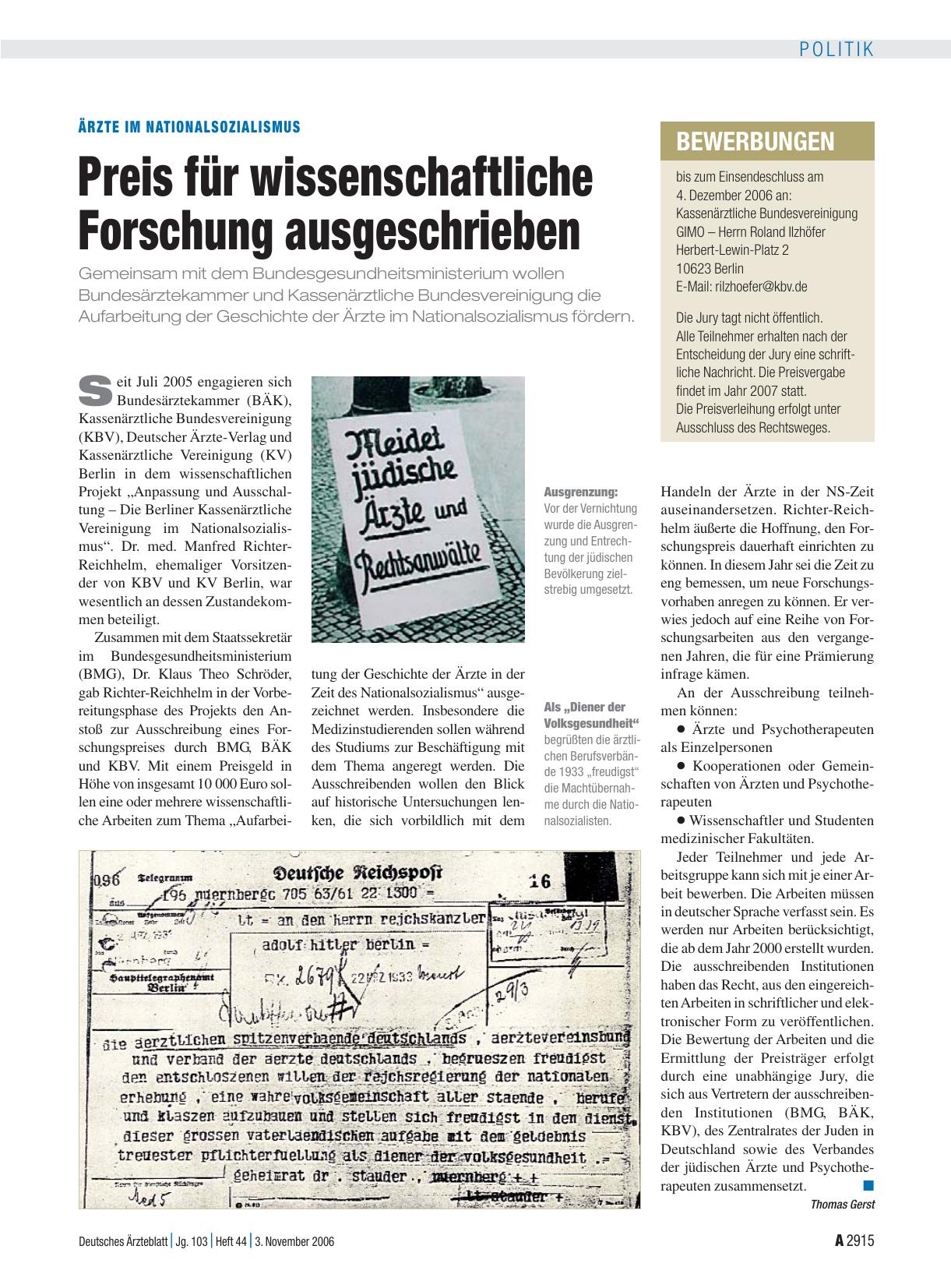 Vorschauseite 1: Ärzte im Nationalsozialismus: Preis für wissenschaftliche Forschung ausgeschrieben