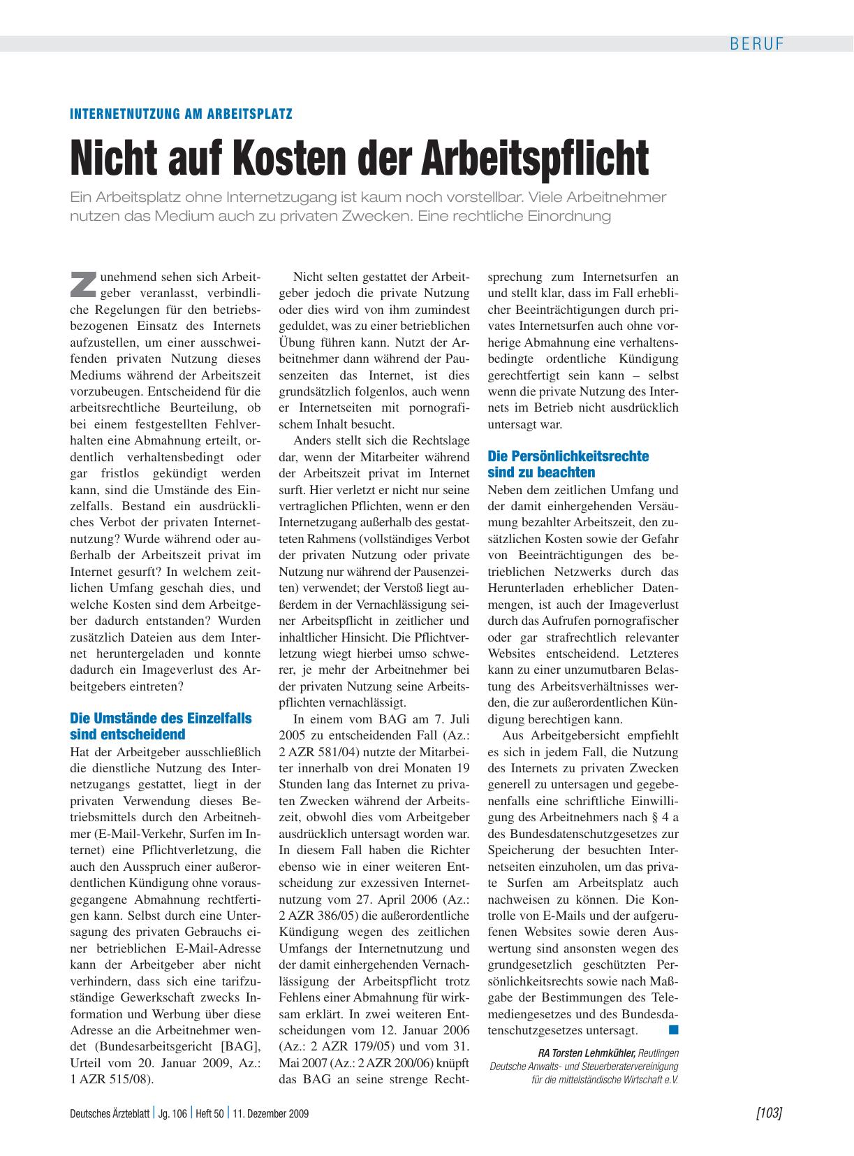 Vorschauseite 1: Internetnutzung am Arbeitsplatz: Nicht auf Kosten der Arbeitspflicht