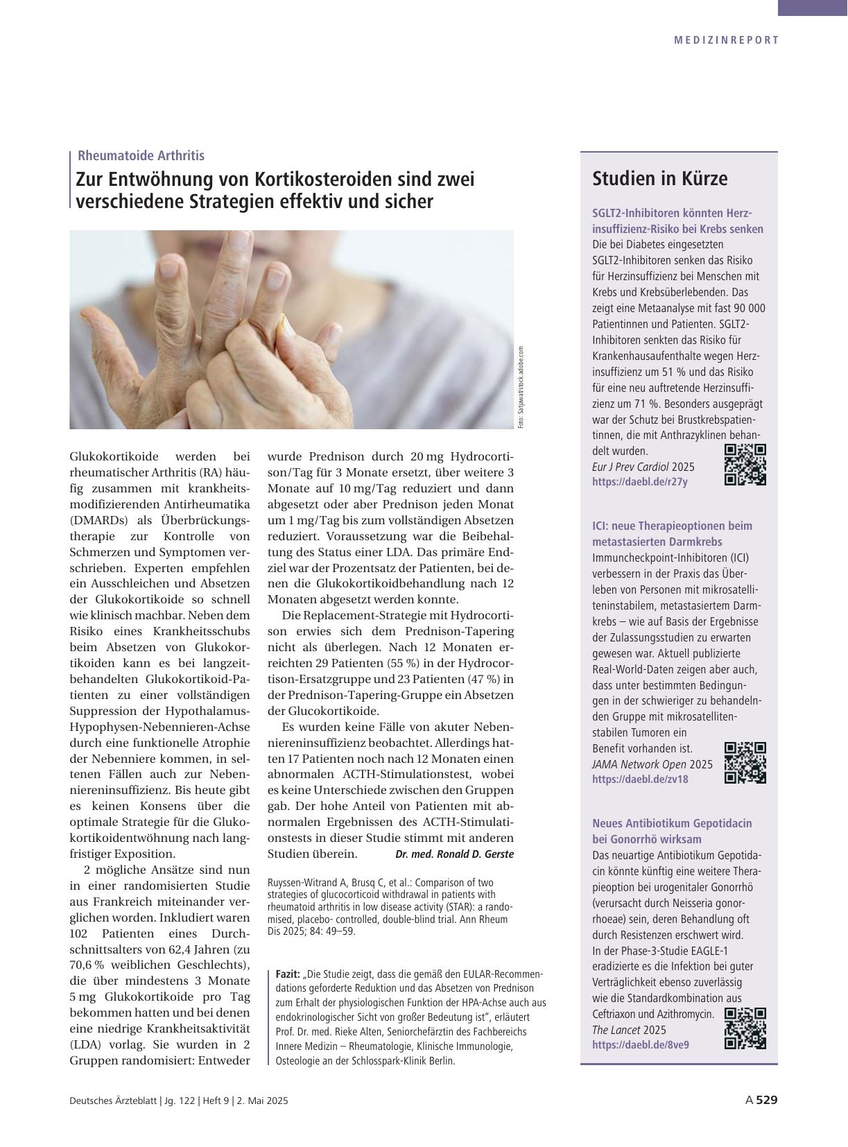 Vorschauseite 1: Rheumatoide Arthritis: Zur Entwöhnung von Kortikosteroiden sind zwei verschiedene Strategien effektiv und sicher.