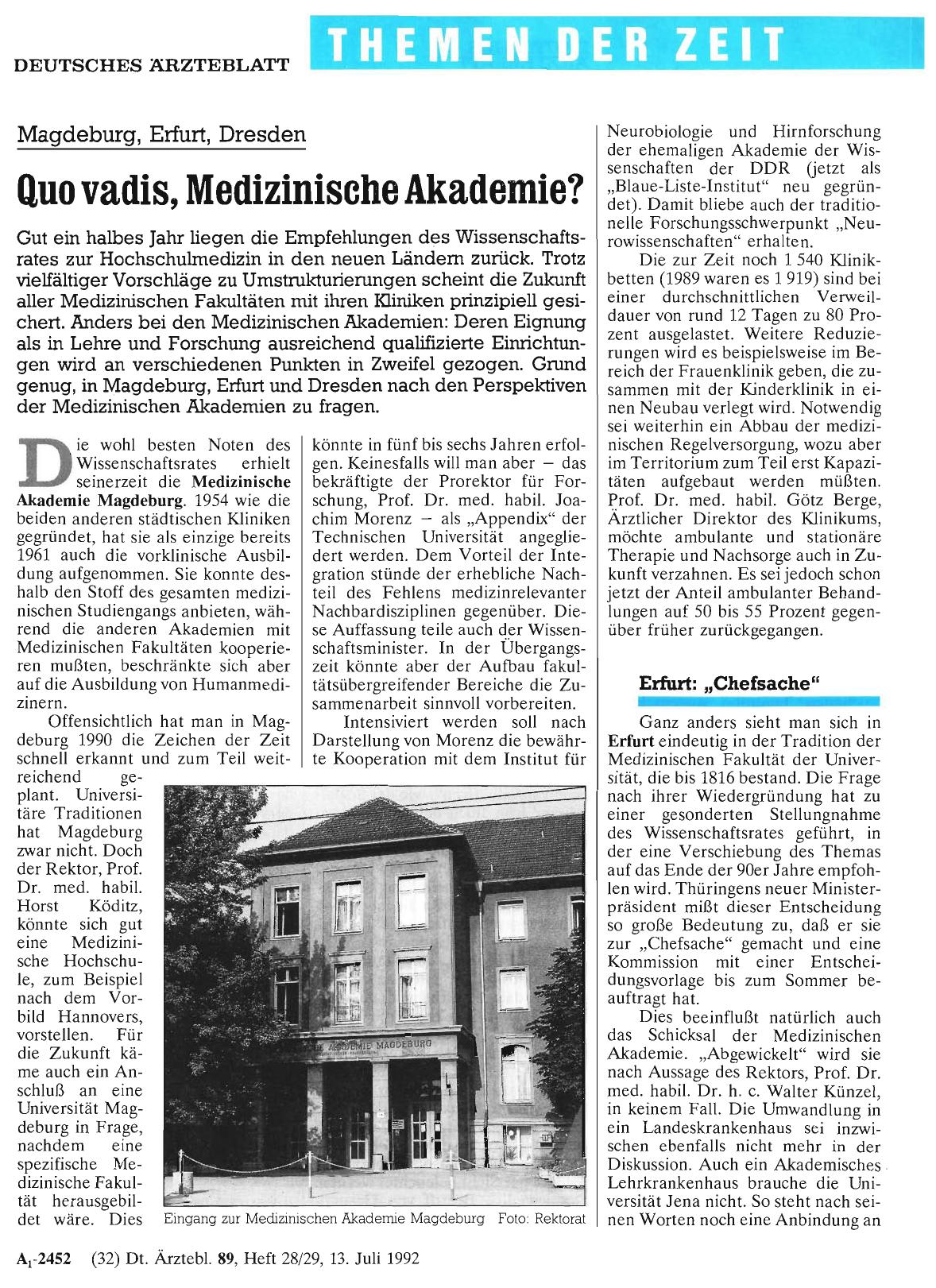 Vorschauseite 1: Magdeburg, Erfurt, Dresden: Quo vadis, Medizinische Akademie?