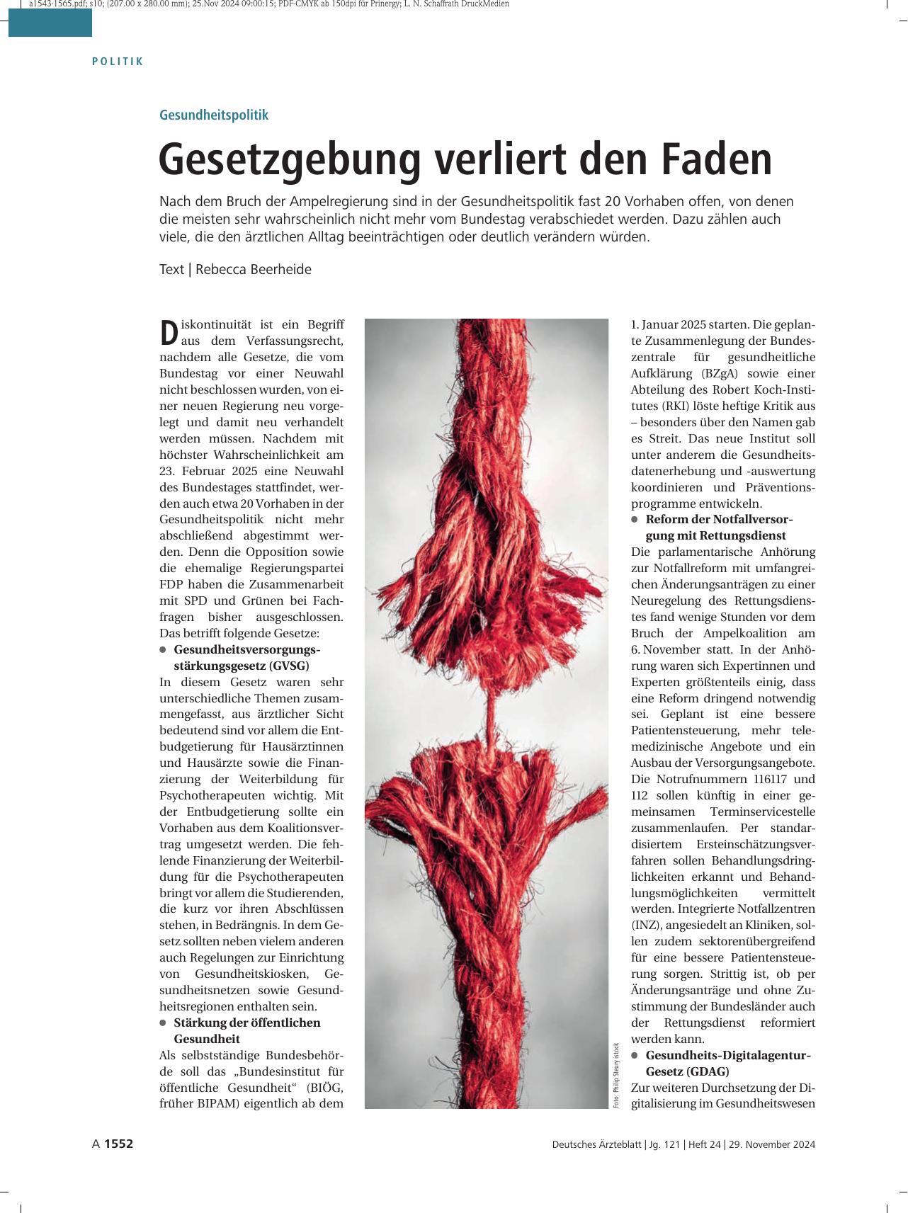 Vorschauseite 1: Gesundheitspolitik: Gesetzgebung verliert den Faden