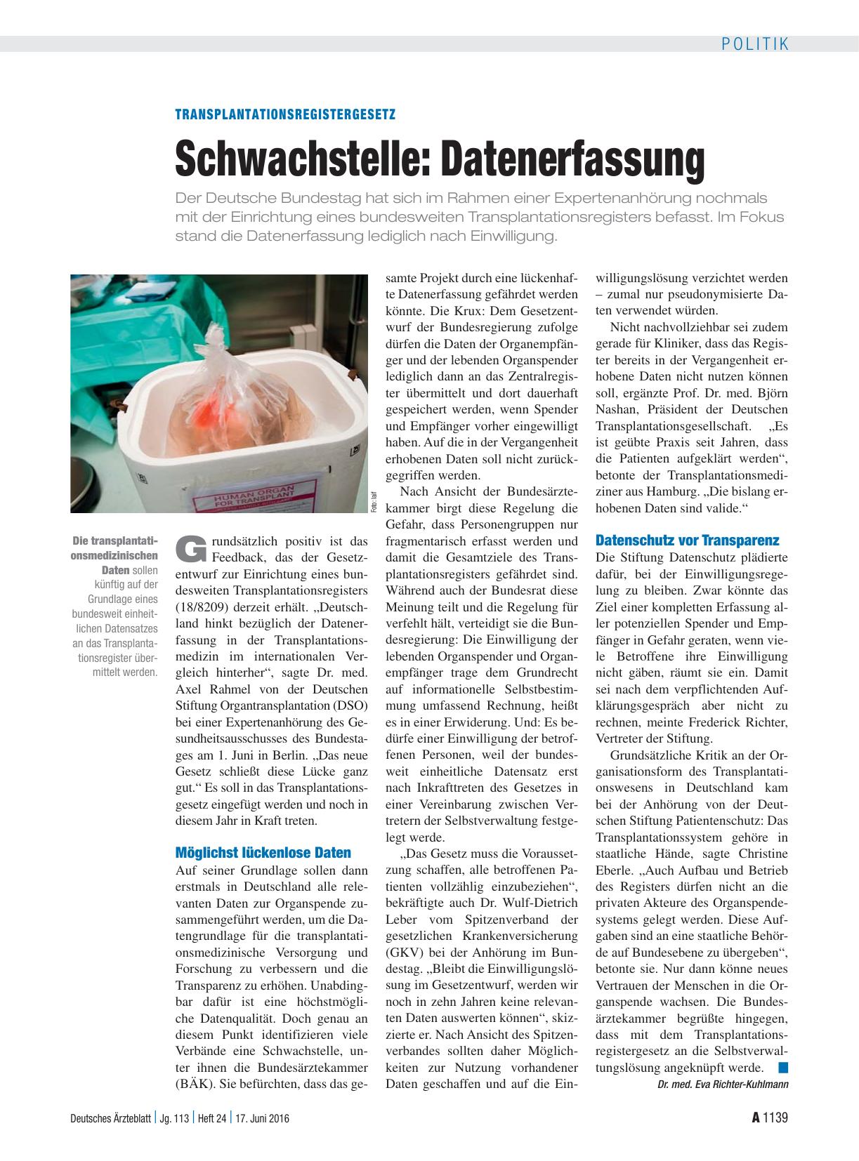 Vorschauseite 1: Transplantationsregistergesetz: Schwachstelle – Datenerfassung