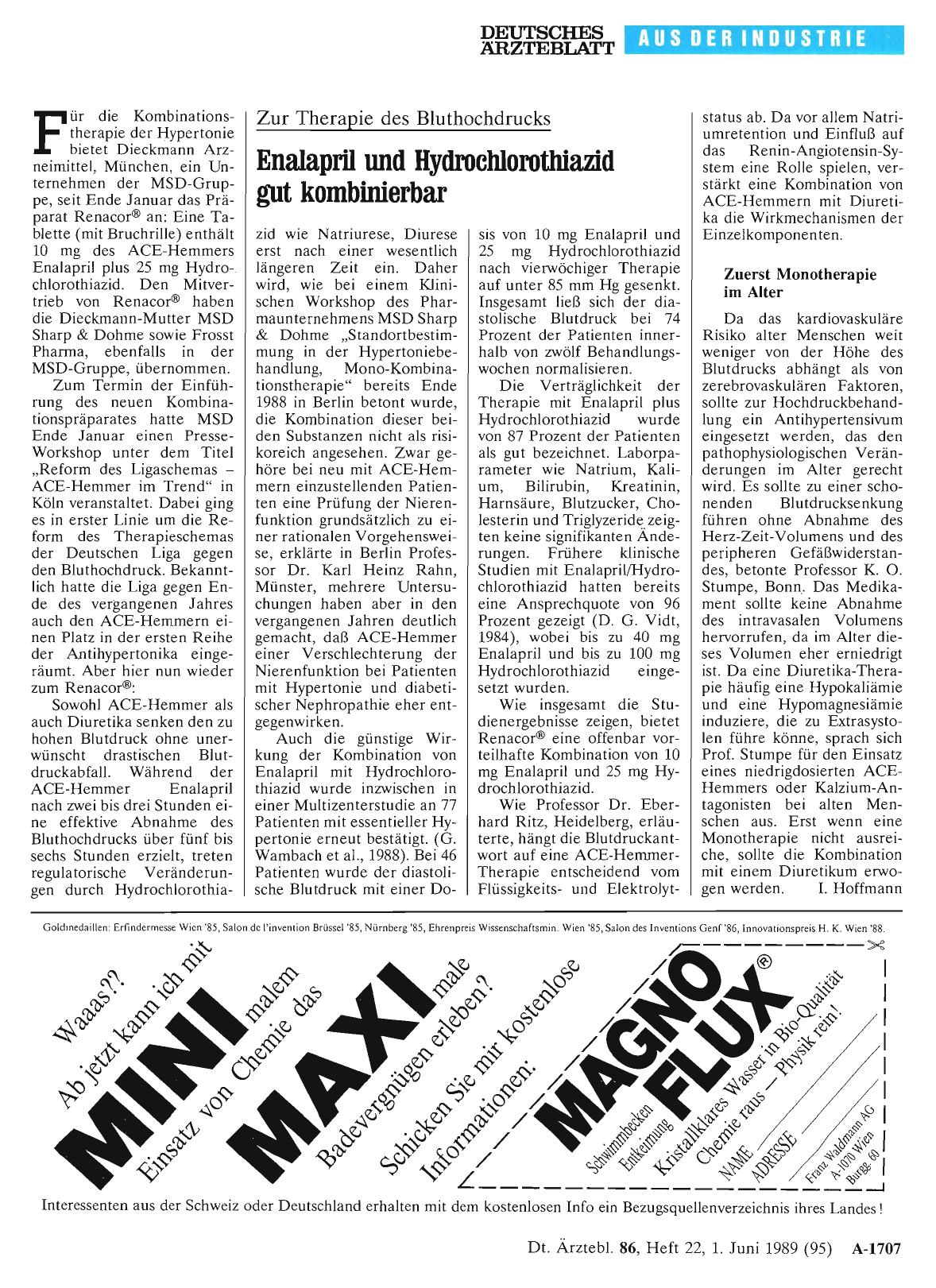 Vorschauseite 1: Zur Therapie des Bluthochdrucks: Enalapril und Hydrochlorothiazid gut kombinierbar