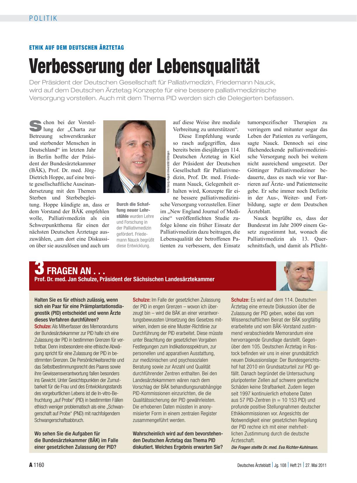 Vorschauseite 1: Ethik auf dem Deutschen Ärztetag: Verbesserung der Lebensqualität