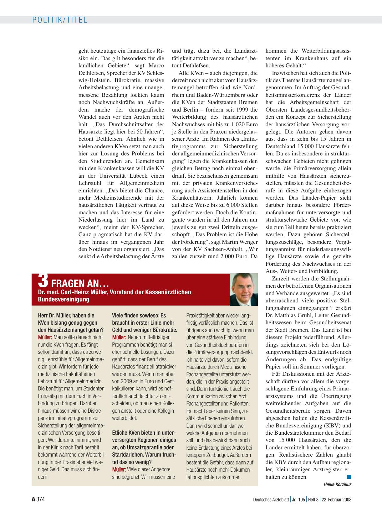 Vorschauseite 1: 3 Fragen an… Dr. med. Carl-Heinz Müller, Vorstand der Kassenärztlichen Bundesvereinigung
