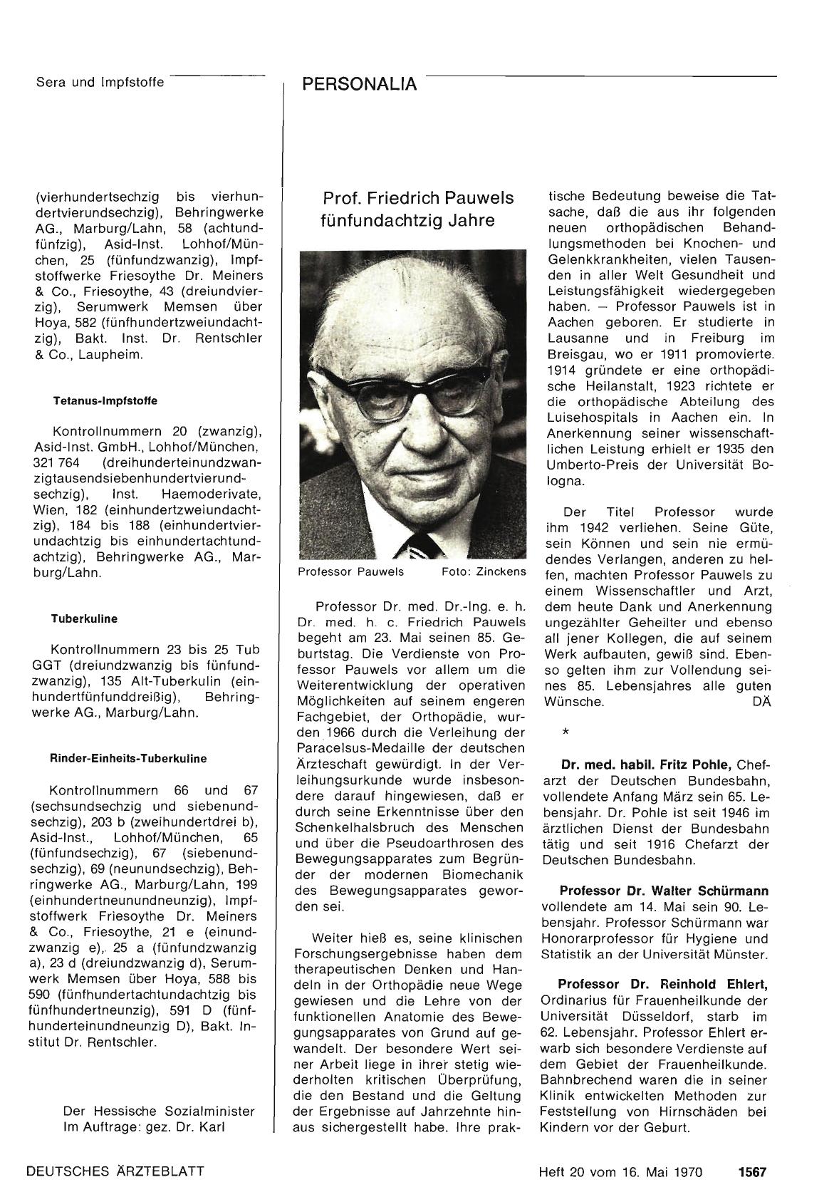 Vorschauseite 1: Prof. Friedrich Pauwels fünfundachtzig Jahre