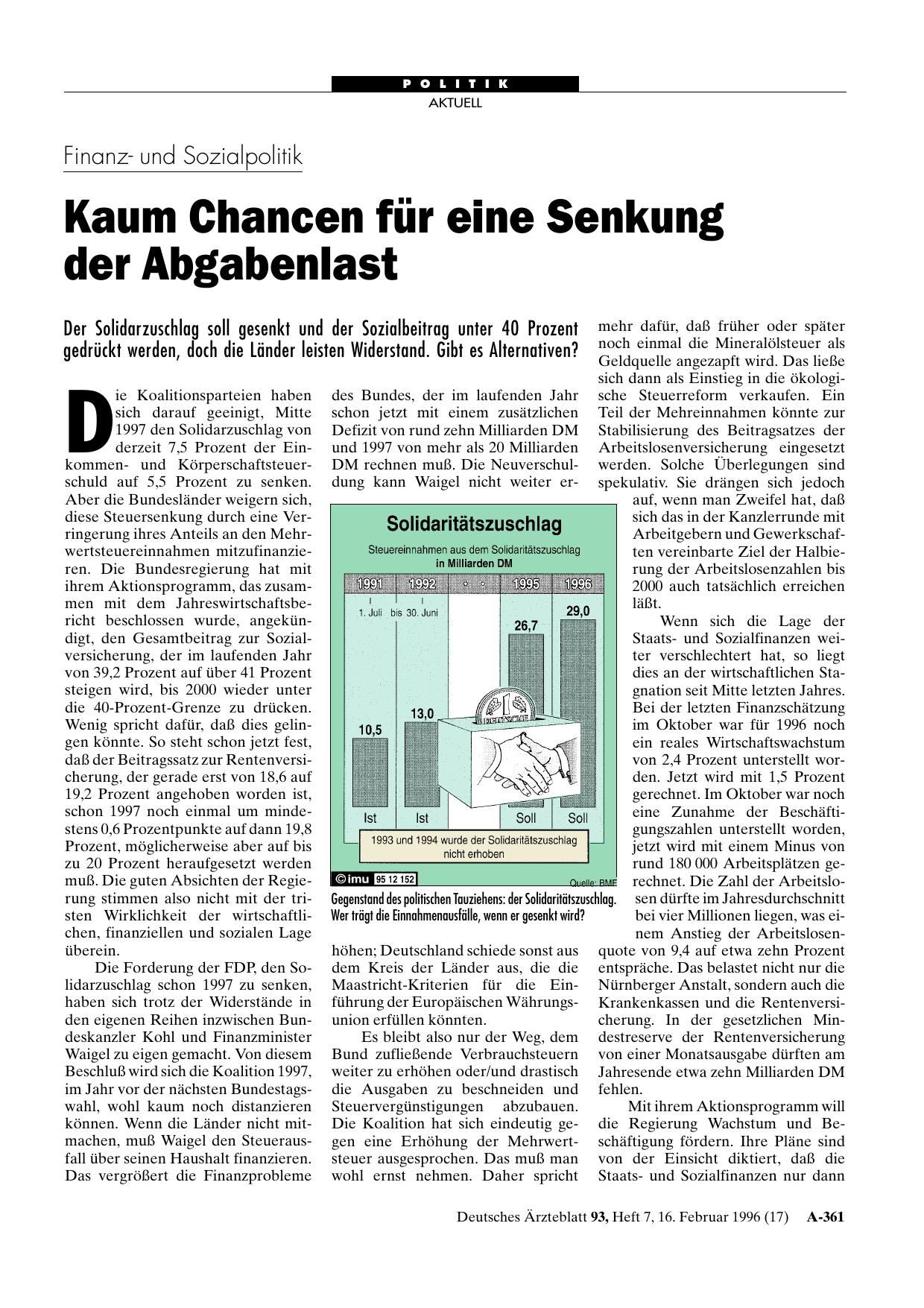 Vorschauseite 1: Finanzund Sozialpolitik: Kaum Chancen für eine Senkung der Abgabenlast