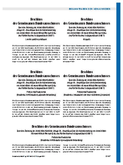 Vorschauseite 1: Beschlüsse über die Nutzenbewertung von Arzneimitteln mit neuen Wirkstoffen nach § 35a des Fünften Buches Sozialgesetzbuch (SGB V): Niraparib