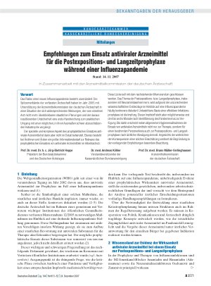 Vorschauseite 1: In Zusammenarbeit mit der Arzneimittelkommission der deutschen Ärzteschaft: Empfehlungen zum Einsatz antiviraler Arzneimittel für die Postexpositionsund Langzeitprophylaxe während…