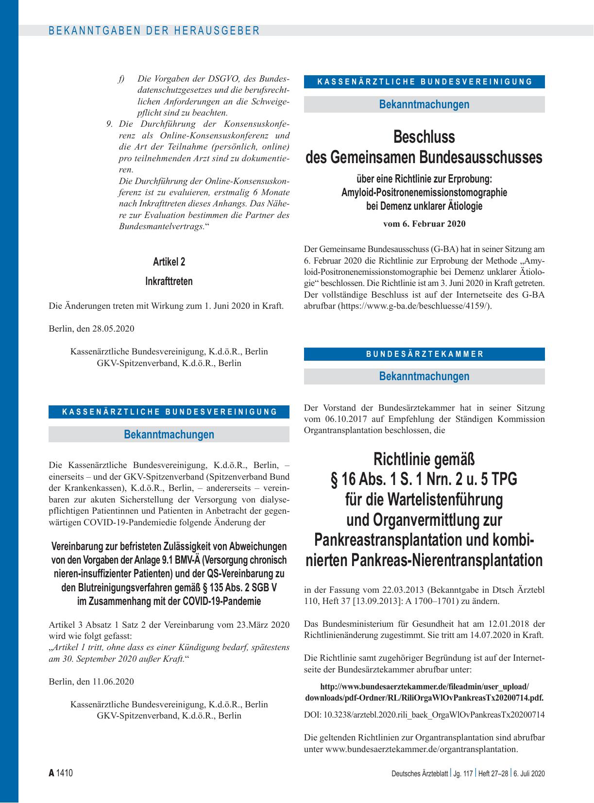 Vorschauseite 1: Vereinbarung zur befristeten Zulässigkeit von Abweichungen von den Vorgaben der Anlage 9. 1 BMV-Ä (Versorgung chronisch nieren-insuffizienter Patienten) und der QS-Vereinbarung zu…