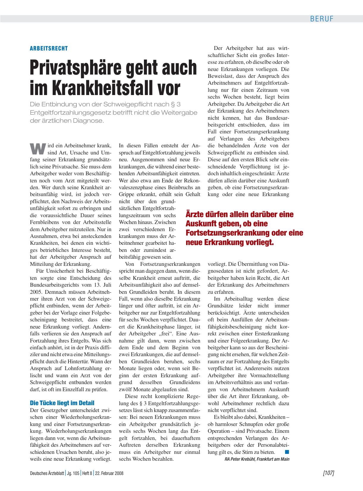Vorschauseite 1: Arbeitsrecht: Privatsphäre geht auch im Krankheitsfall vor