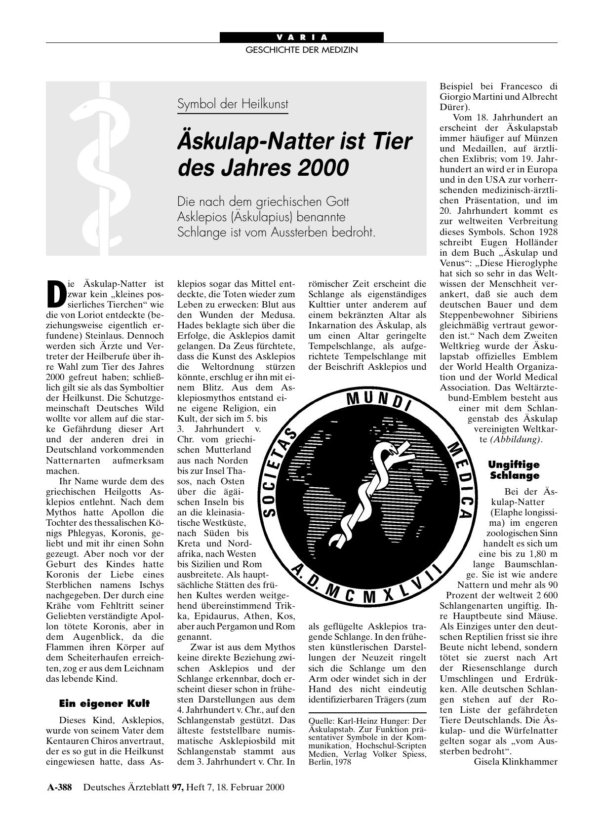 Vorschauseite 1: Symbol der Heilkunst: Äskulap-Natter ist Tier des Jahres 2000