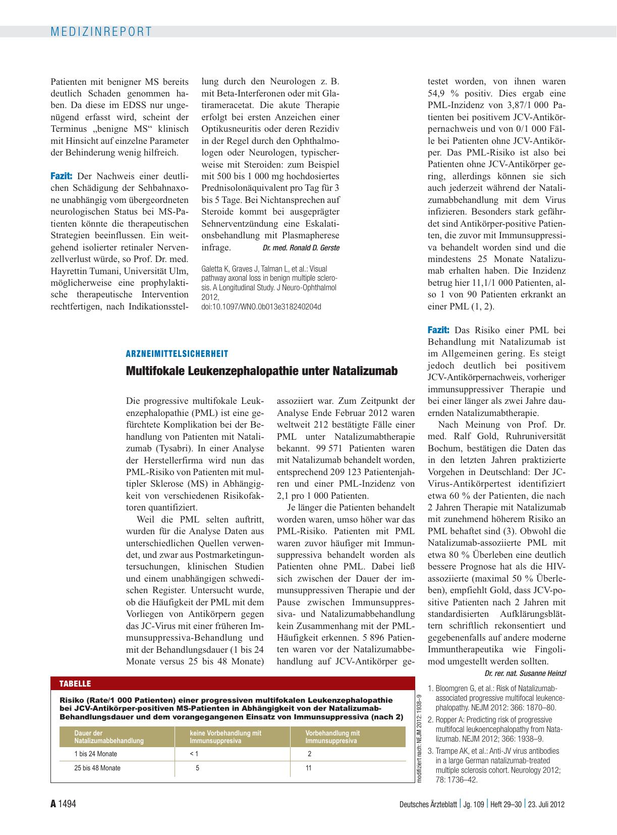 Vorschauseite 1: Arzneimittelsicherheit: Multifokale Leukenzephalopathie unter Natalizumab