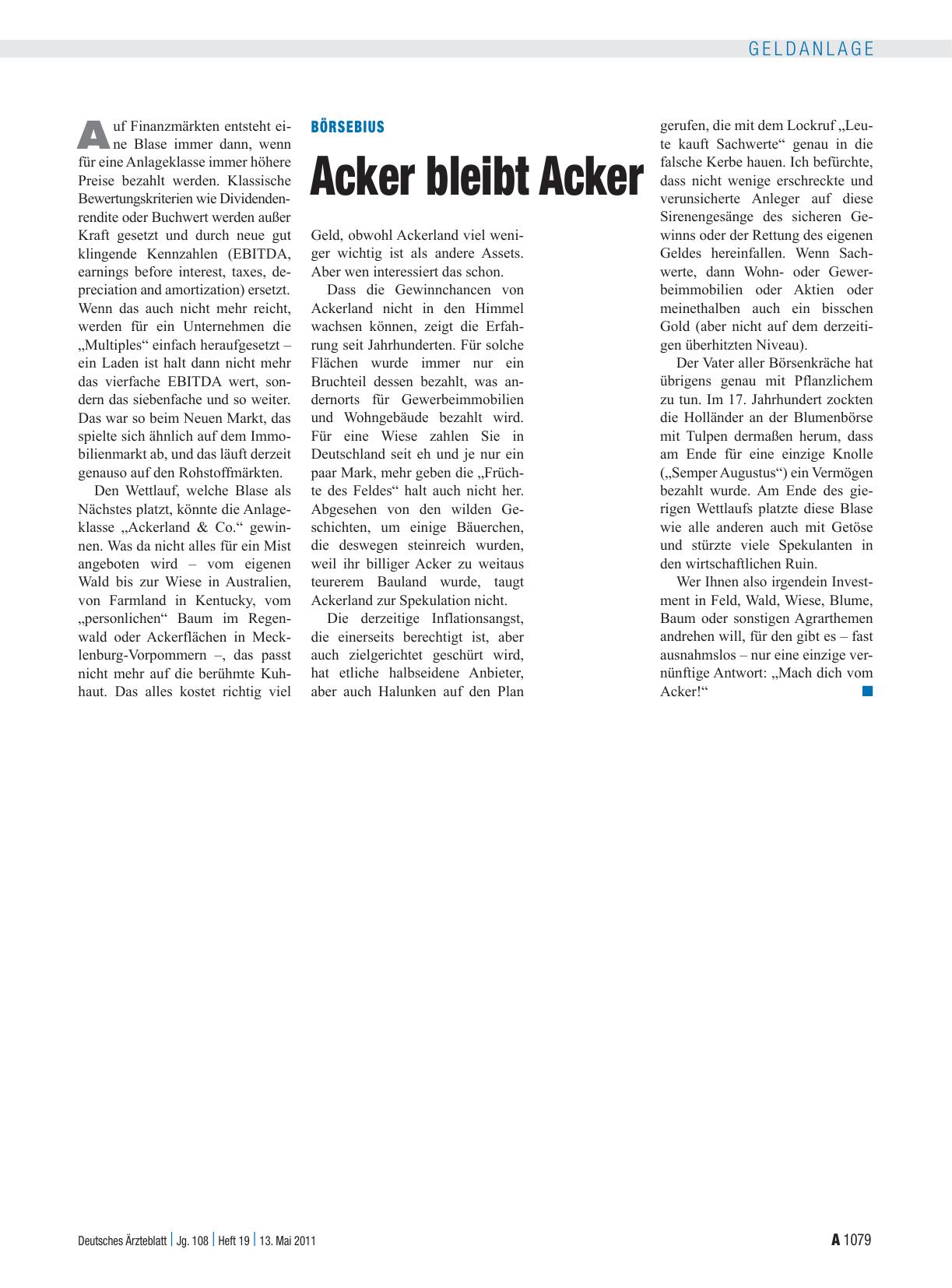 Vorschauseite 1: Börsebius: Acker bleibt Acker