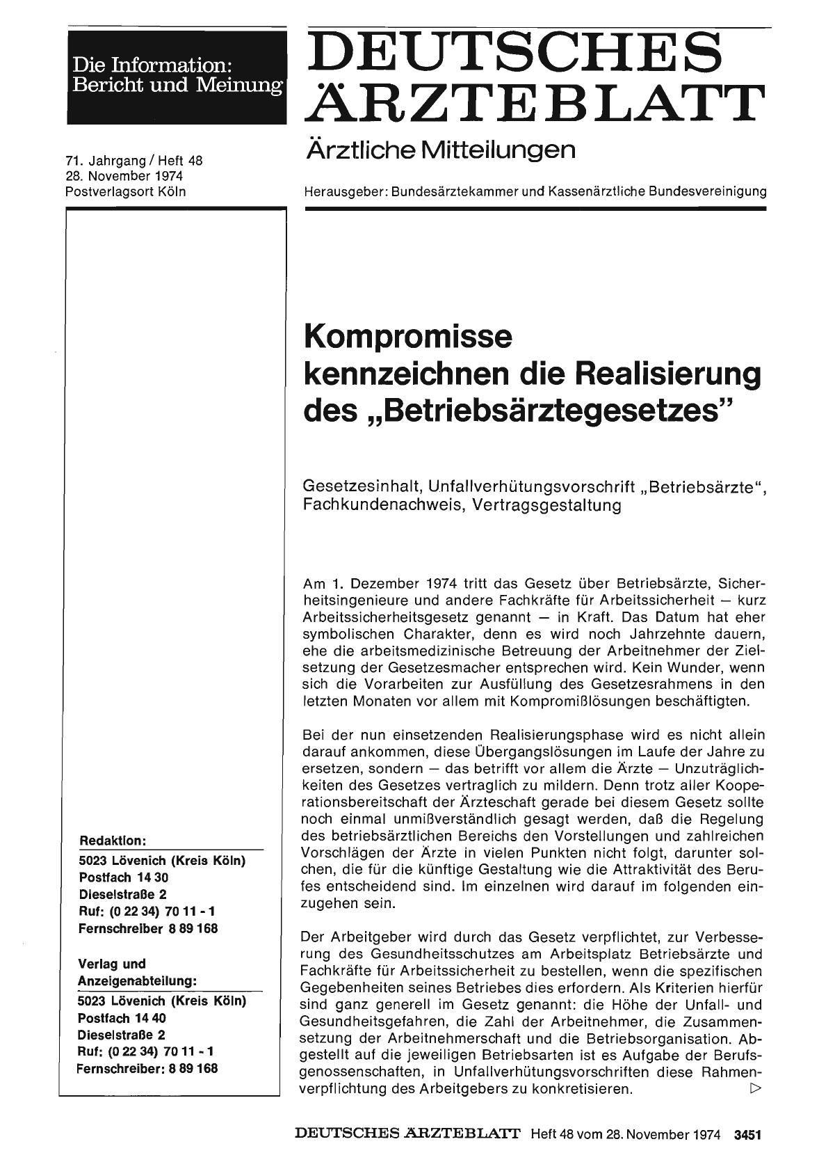 Vorschauseite 1: Kompromisse kennzeichnen die Realisierung des „Betriebsärztegesetzes“
