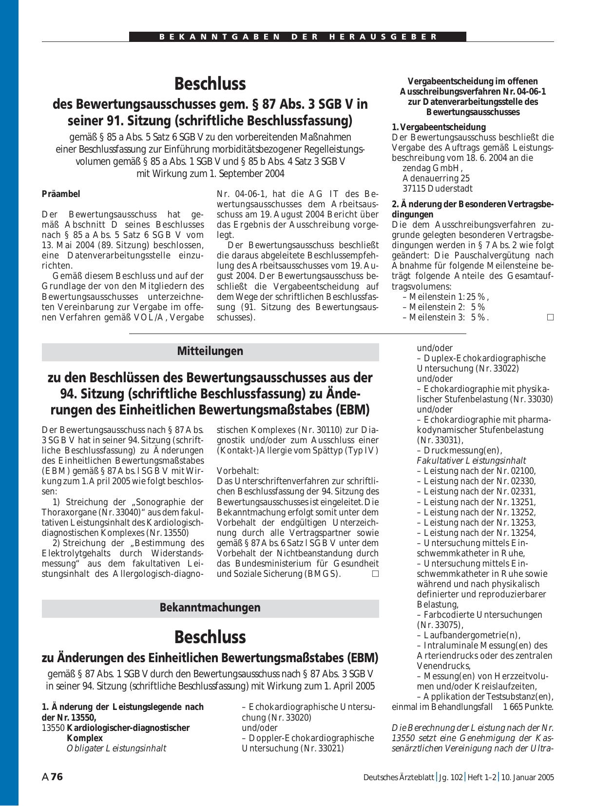 Vorschauseite 1: Beschluss des Bewertungsausschusses gem. § 87 Abs. 3 SGB V in seiner 91. Sitzung (schriftliche Beschlussfassung) gemäß § 85 a Abs. 5 Satz 6 SGB V zu den vorbereitenden Maßnahmen e…