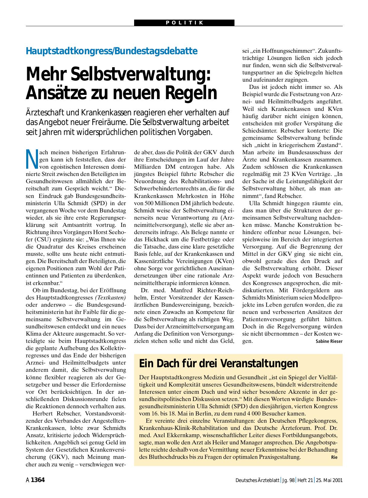 Vorschauseite 1: Hauptstadtkongress/Bundestagsdebatte – Mehr Selbstverwaltung: Ansätze zu neuen Regeln