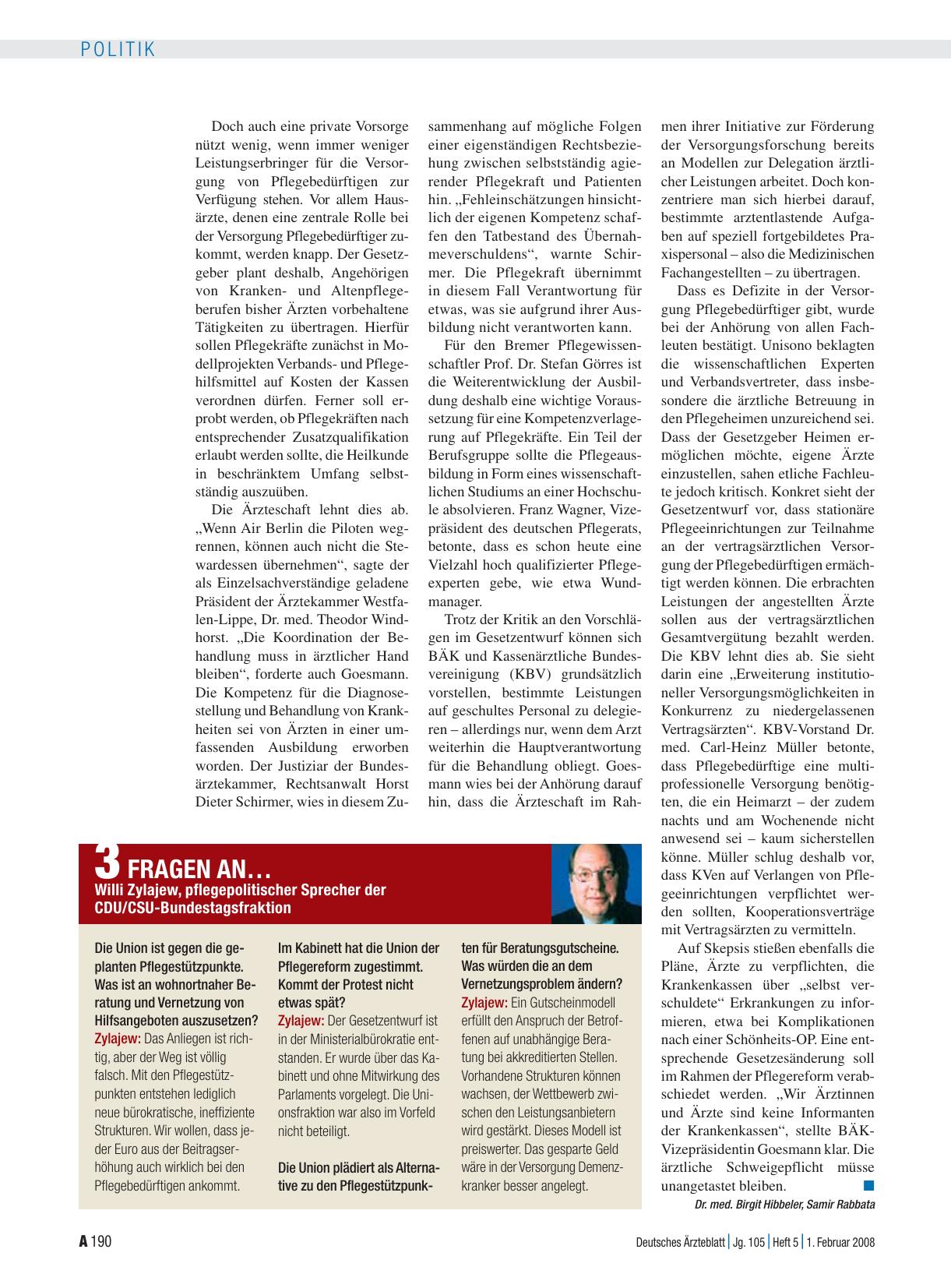 Vorschauseite 1: 3 Fragen an… Willi Zylajew, pflegepolitischer Sprecher der CDU/CSU-Bundestagsfraktion
