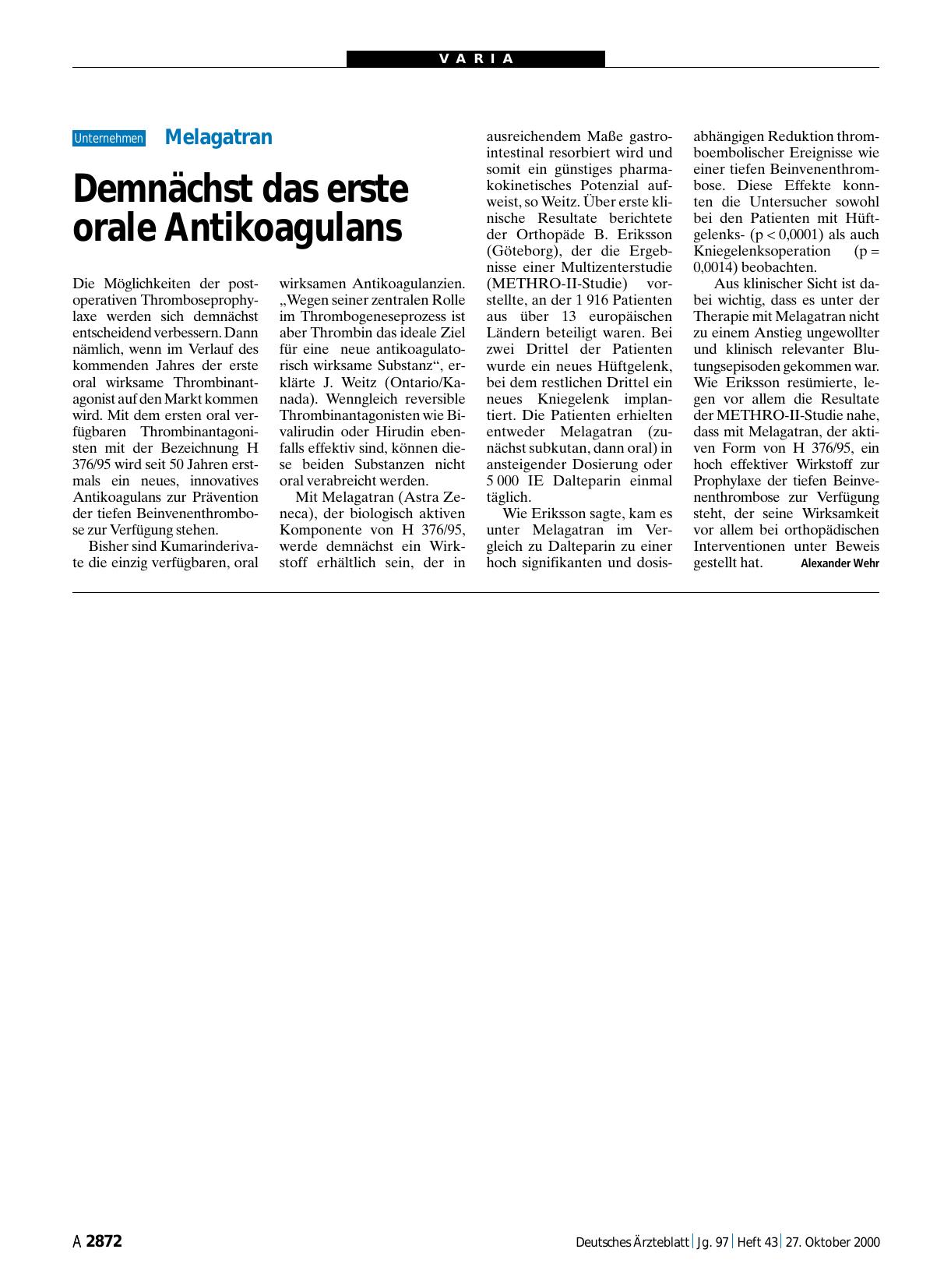 Vorschauseite 1: Melagatran: Demnächst das erste orale Antikoagulans