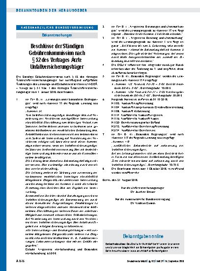 Vorschauseite 1: Beschlüsse der Ständigen Gebührenkommission nach § 52 des Vertrages Ärzte Unfallversicherungsträger